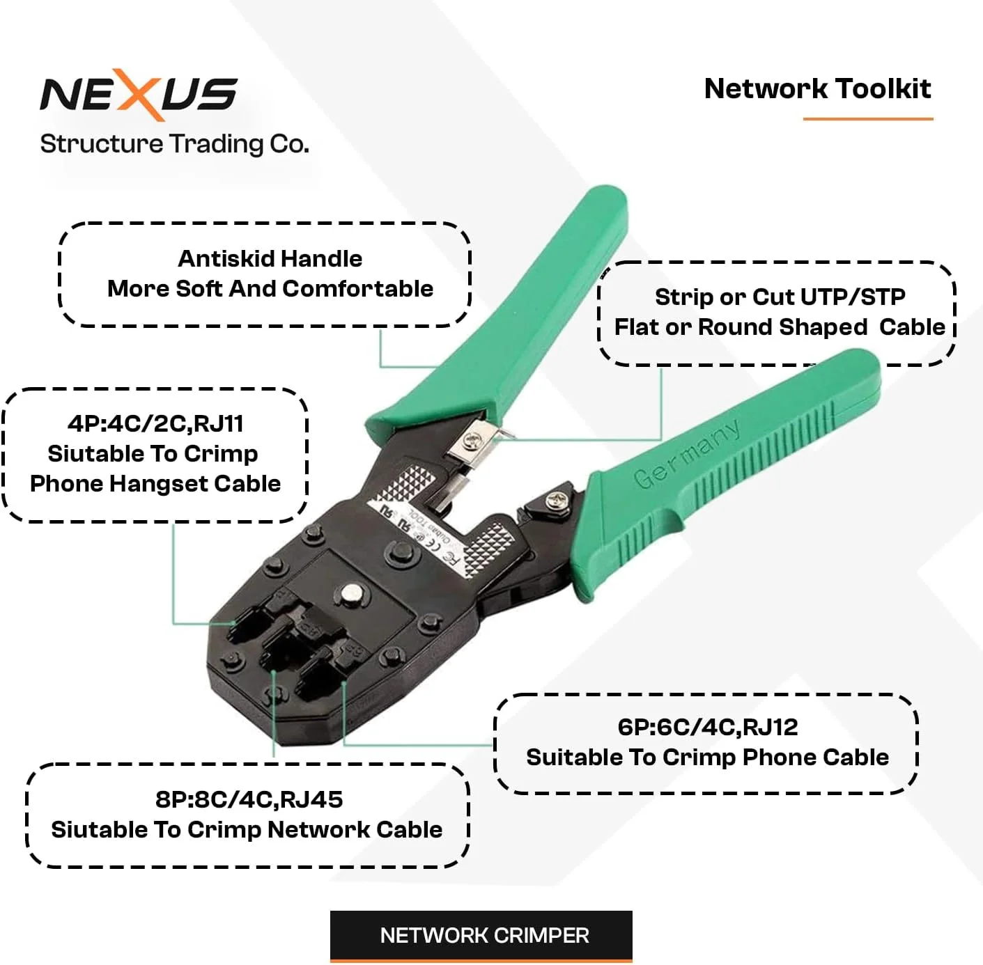 مجموعه ابزار شبکه 9 در 1 نکسوس | مجموعه تعمیر و نصب کابل اترنت با ابزار پرس RJ45، تستر LAN، ابزار پانچ و موارد دیگر - مجموعه ابزار کامل برای CAT5/CAT6/CAT6A در کیف زیپ دار مجموعه ابزار شبکه 9 در 1 نکسوس | مجموعه تعمیر و نصب کابل اترنت با ابزار پرس RJ45، تستر LAN، ابزار پانچ و موارد دیگر - مجموعه ابزار کامل برای CAT5/CAT6/CAT6A در کیف زیپ دار