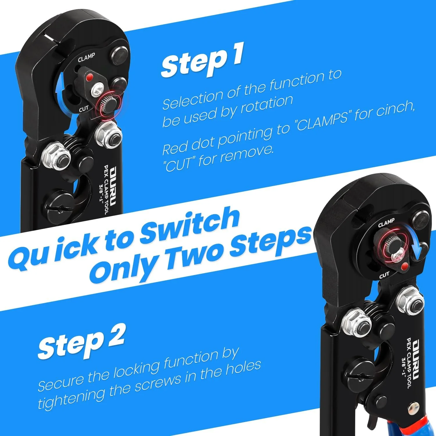 ابزار پرس لوله PEX جغجغه ای 2 در 1 OURU، ابزار پرس لوله Pex با عملکرد ترکیبی سفت کردن و جدا کردن از 3/8 اینچ تا 1 اینچ به همراه برش Pex و بست های Pex استیل ضد زنگ 1/2 اینچ 25 عدد، 3/4 اینچ 10 عدد