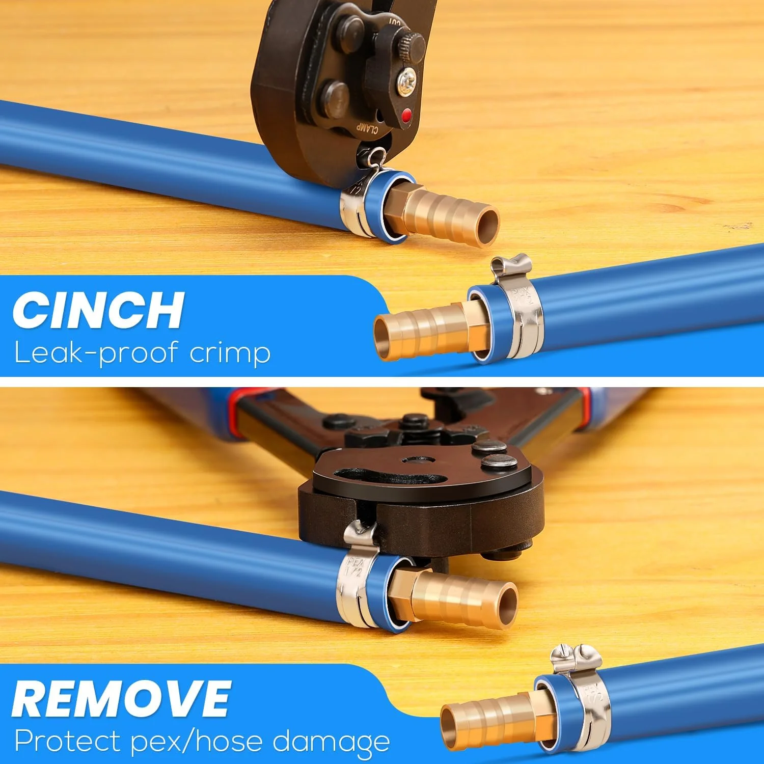 ابزار پرس لوله PEX جغجغه ای 2 در 1 OURU، ابزار پرس لوله Pex با عملکرد ترکیبی سفت کردن و جدا کردن از 3/8 اینچ تا 1 اینچ به همراه برش Pex و بست های Pex استیل ضد زنگ 1/2 اینچ 25 عدد، 3/4 اینچ 10 عدد