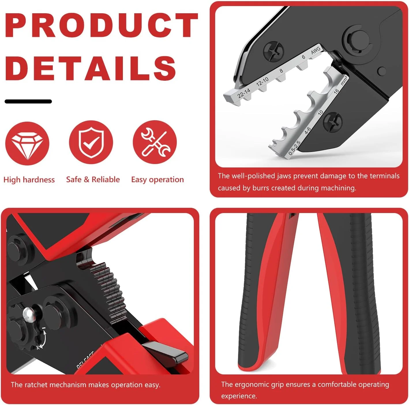 ابزار سیم چین Newdeli برای اتصالات سیمی غیر عایق - ابزار سیم چین جغجغه ای AWG 22-6 ابزار چین دار حلقه ای غیر عایق الکتریکی