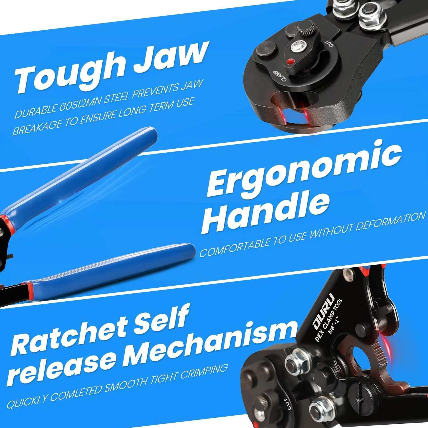 ابزار پرس لوله PEX جغجغه ای 2 در 1 OURU، ابزار پرس لوله Pex با عملکرد ترکیبی سفت کردن و جدا کردن از 3/8 اینچ تا 1 اینچ به همراه برش Pex و بست های Pex استیل ضد زنگ 1/2 اینچ 25 عدد، 3/4 اینچ 10 عدد