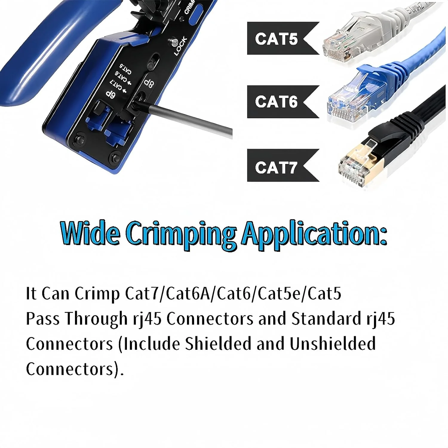 ابزار پرس RJ45 Pass Through، ابزار پرس کابل شبکه Cat7 Cat6A Cat6 Cat5e Cat5 RJ45، ابزار پرس اترنت Pass Through، ابزار سیم لخت کن، برش و پرس همه کاره