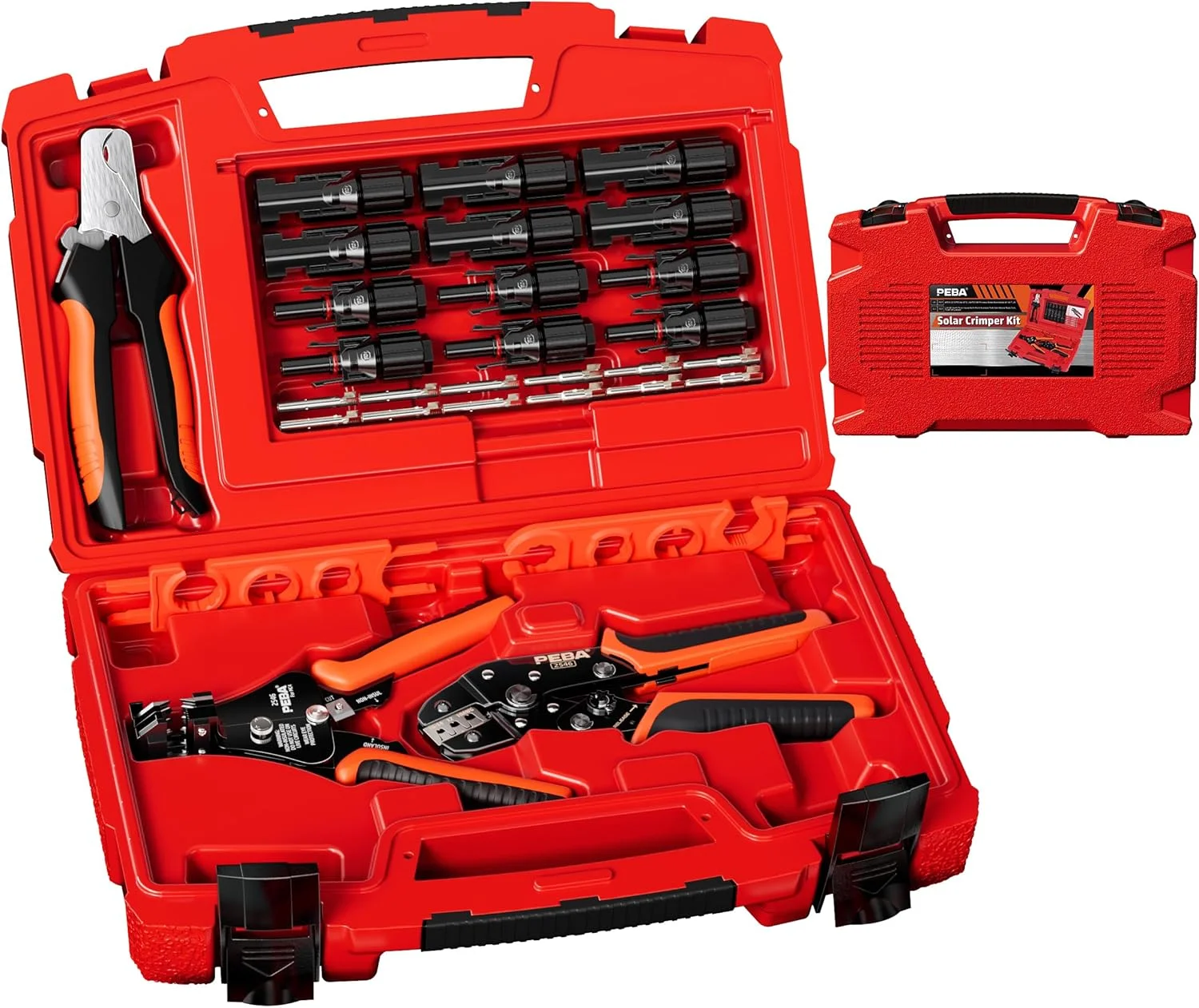 مجموعه ابزار پرس کابل خورشیدی PEBA برای کابل پنل خورشیدی PV با اندازه 1.5-6.0 میلی‌متر مربع، شامل کانکتور کابل، سیم لخت کن، کابل بر، آچار برای کانکتور خورشیدی و جعبه ابزار