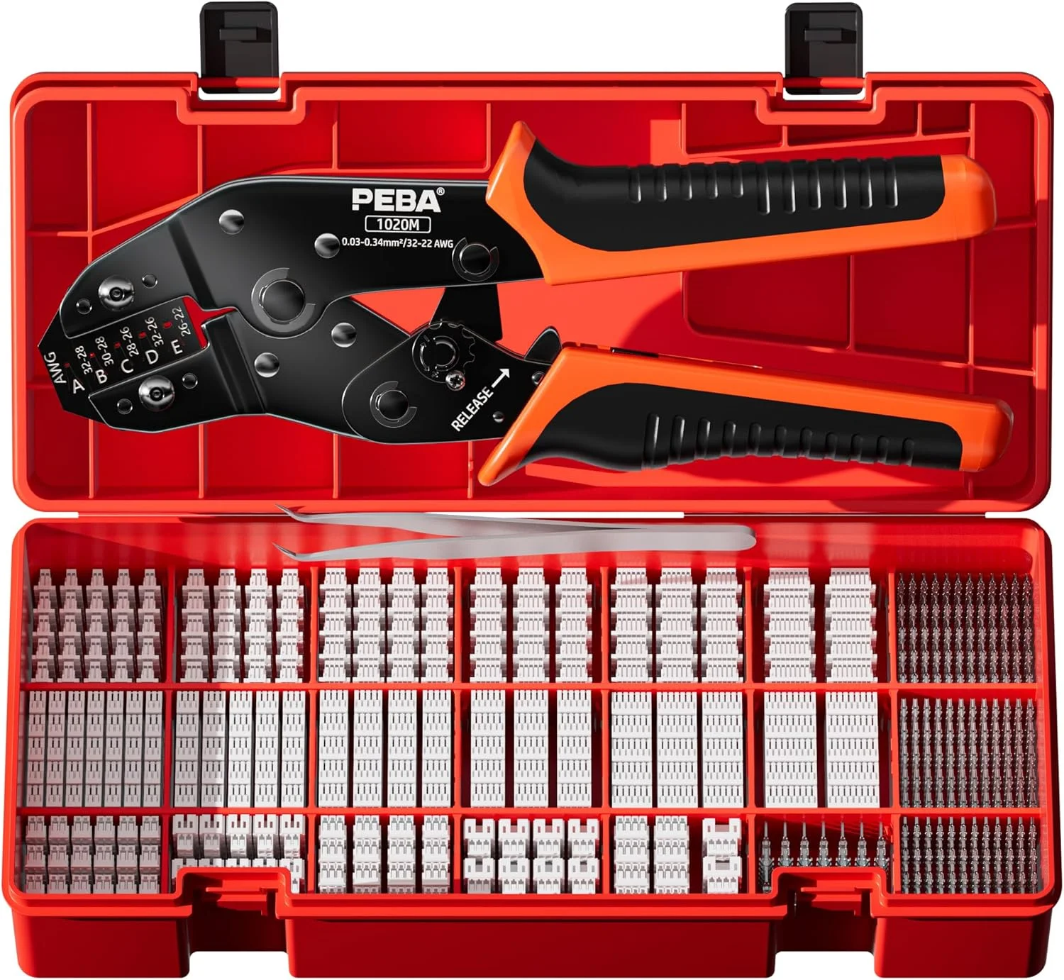 جعبه ابزار پرس سرسیم PEBA، شامل 22 نوع کانکتور JST-SH 1.0mm/GH 1.25mm/ZH1.5mm، سیم لخت کن و انبر پرس 32-22 AWG برای ترمینال های پین 1.0 تا 2.0 میلی متر | انبر پرس پین کانکتورهای میکرو جغجغه ای JST