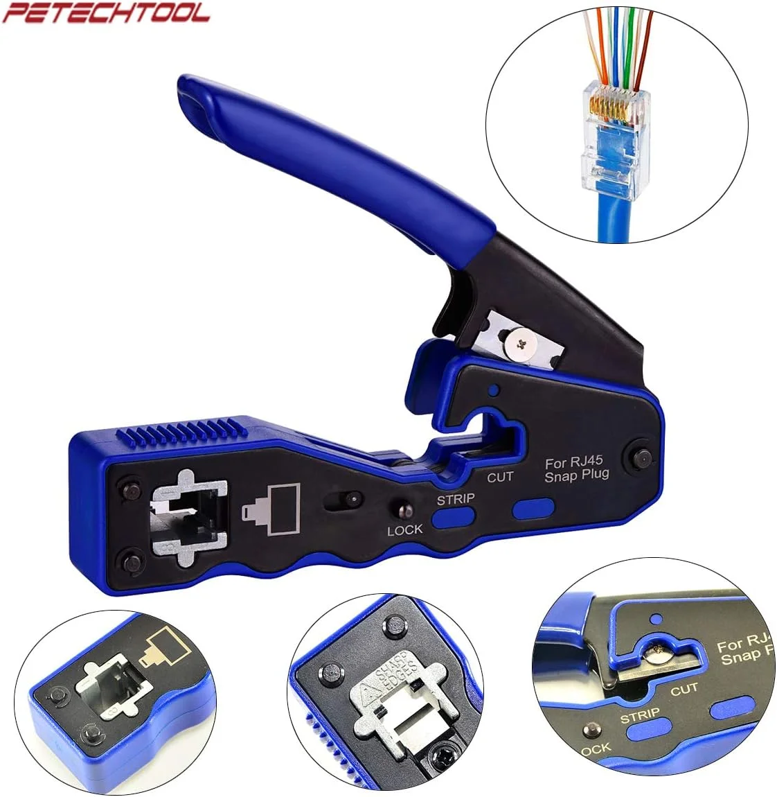 ابزار پرس RJ45 پتچ‌تول، ابزار پرس همه‌کاره، سیم‌چین اترنت، سیم‌لخت‌کن به همراه یک عدد تستر کابل، 20 عدد کانکتور Cat6 و یک عدد سیم‌لخت‌کن زرد