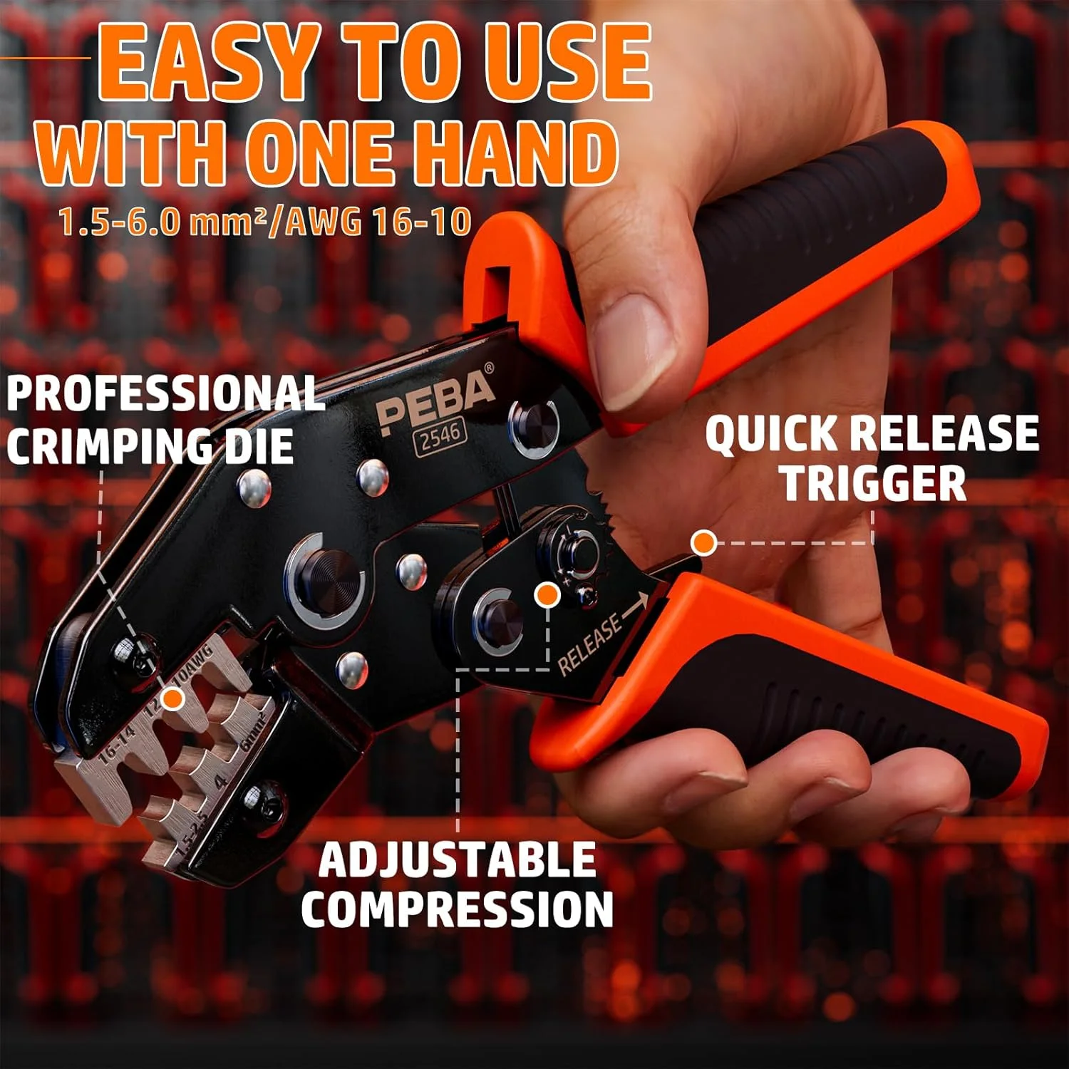 مجموعه ابزار پرس کابل خورشیدی PEBA برای کابل پنل خورشیدی PV با اندازه 1.5-6.0 میلی‌متر مربع، شامل کانکتور کابل، سیم لخت کن، کابل بر، آچار برای کانکتور خورشیدی و جعبه ابزار