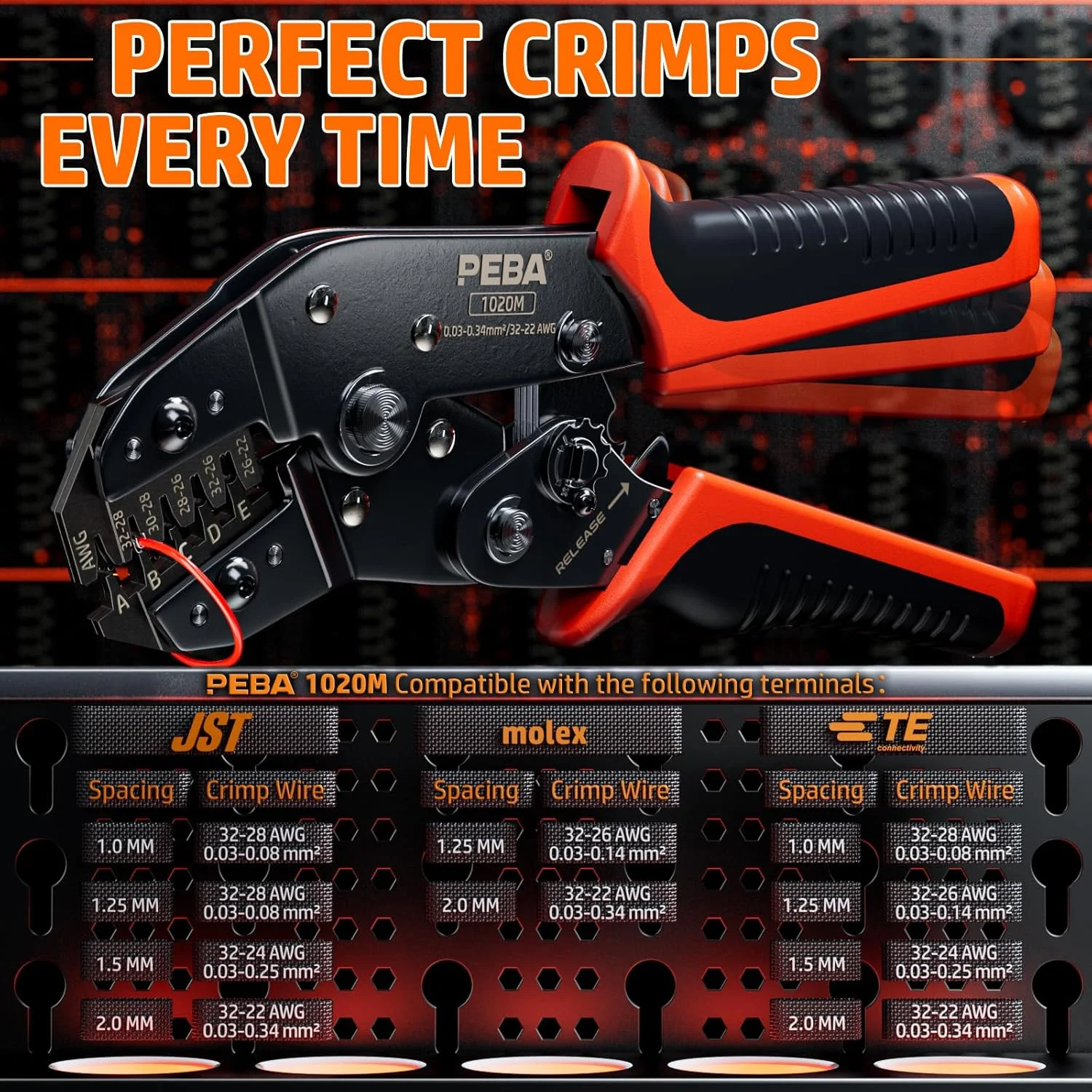 ابزار پرس سرسیم جغجغه ای PEBA JST سایز 32-22 AWG برای کانکتورهای میکرو با گام 1.0mm/1.25mm/1.5mm/2.0mm، ابزار پرس برای ترمینال های Molex TE - ابزار پرس دقیق JST