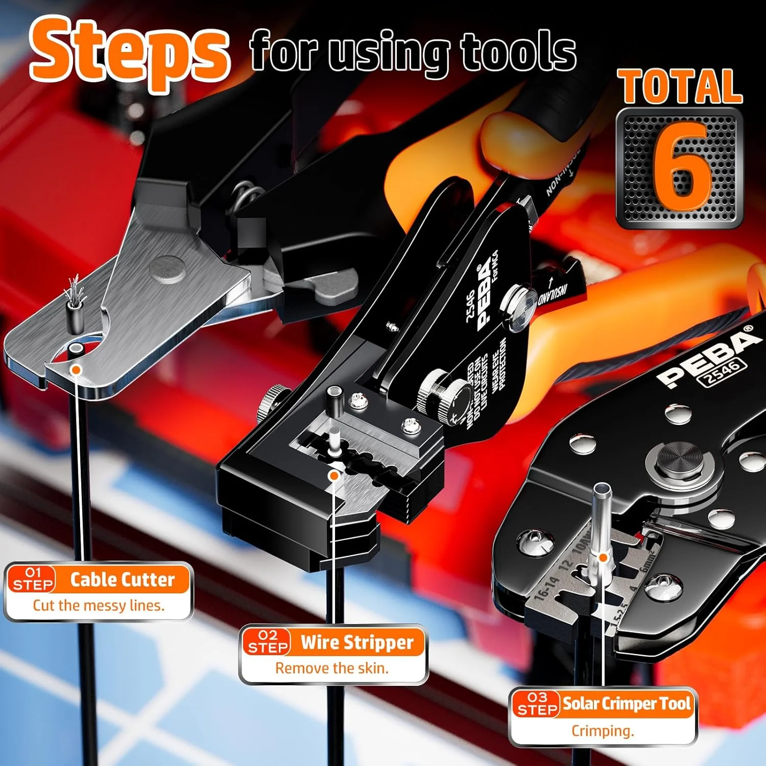 مجموعه ابزار پرس کابل خورشیدی PEBA برای کابل پنل خورشیدی PV با اندازه 1.5-6.0 میلی‌متر مربع، شامل کانکتور کابل، سیم لخت کن، کابل بر، آچار برای کانکتور خورشیدی و جعبه ابزار