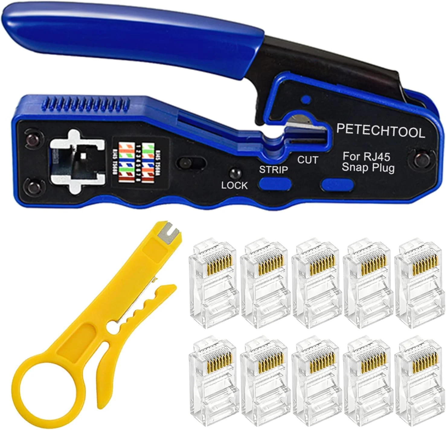 ابزار پرس RJ45 مدل PETECHTOOL برای Cat5 Cat5e Cat6 به همراه 10 عدد کانکتور Cat6 و سیم لخت کن کوچک