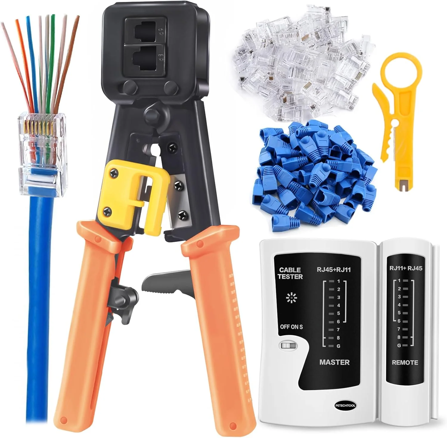 ست ابزار شبکه PETECHTOOL شامل آچار پرس RJ45 (نارنجی) به همراه یک سیم لخت کن شبکه، یک کابل و 50 عدد کانکتور RJ45 Cat6، ابزار تعمیر و نگهداری حرفه ای کابل شبکه LAN
