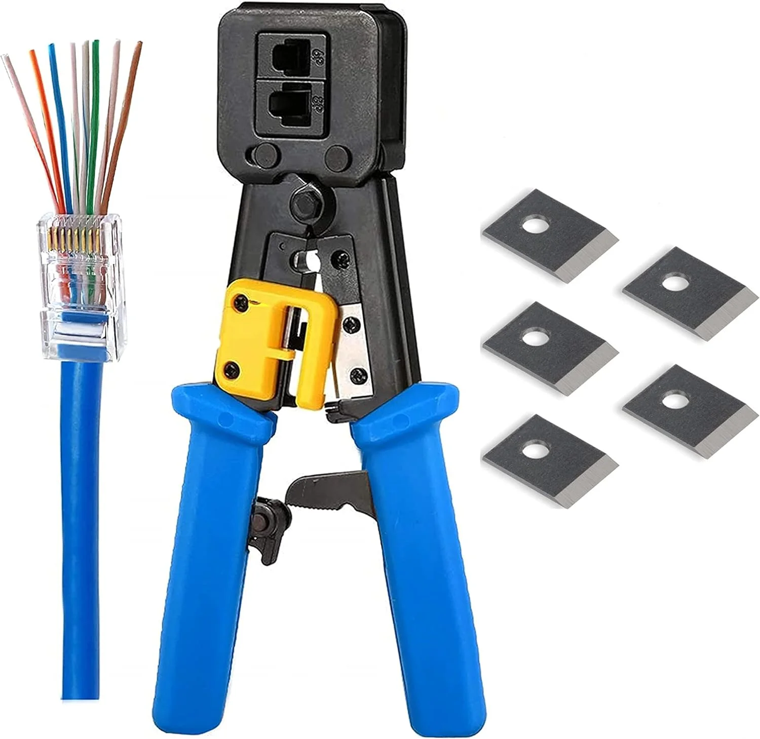 ابزار پرس RJ45 PETECHTOOL با 5 بسته تیغه جایگزین 8 پین برای اتصالات عبوری Cat5 Cat5e Cat6 RJ45/RJ12 معمولی و عبوری