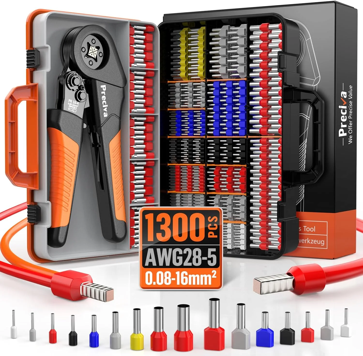 انبر پرس سرسیم Preciva با محدوده 0.25-16 میلی‌متر مربع به همراه 1300 سرسیم تکی و دوبل، قابل تنظیم برای مصارف صنعتی و DIY