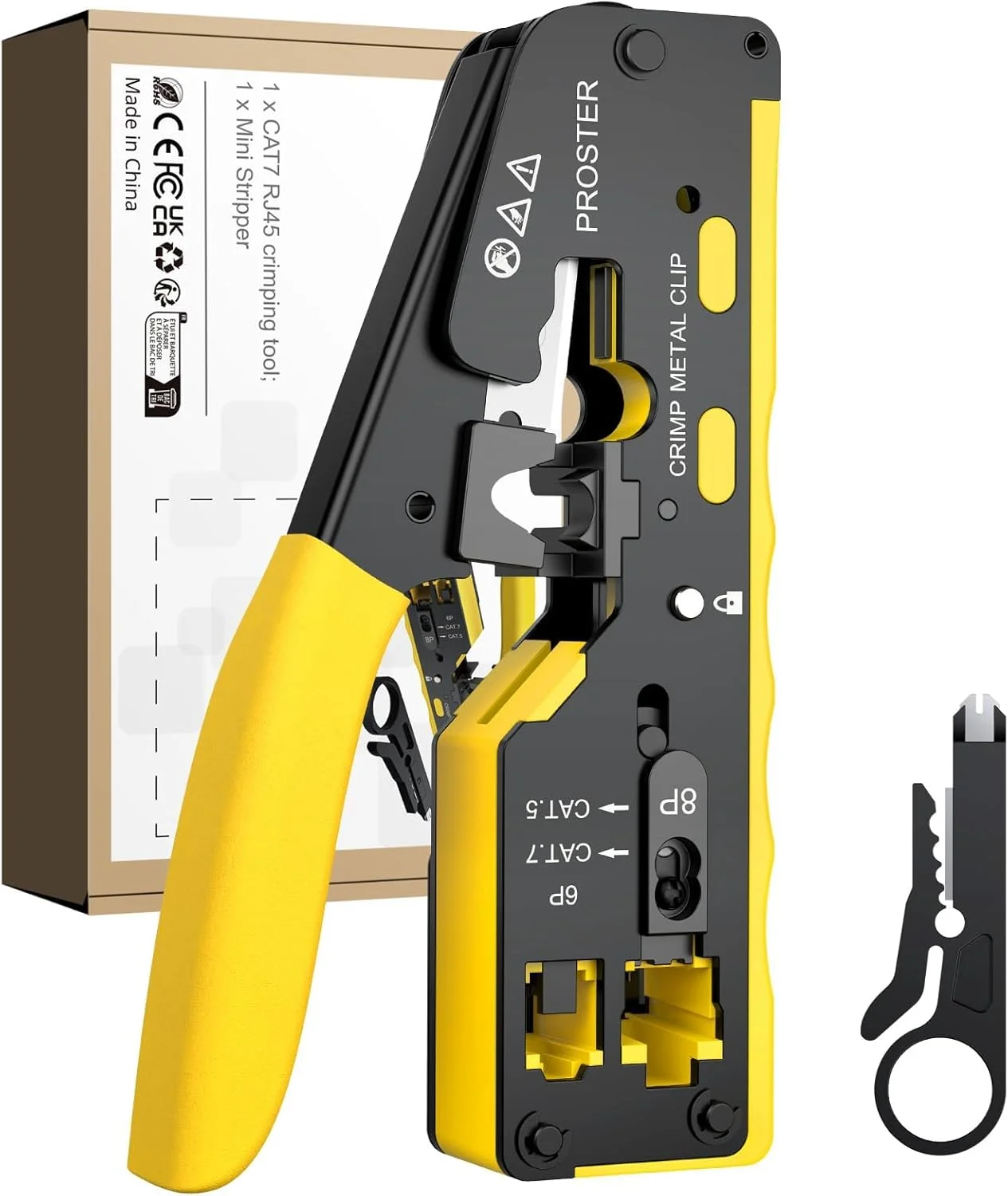ابزار پرس RJ45 Proster - ابزار پرس کابل شبکه CAT7 برای کابل شبکه 8P RJ45 CAT5 CAT6 CAT7 و کانکتور خط تلفن 6P RJ11 RJ12 به همراه سیم لخت کن