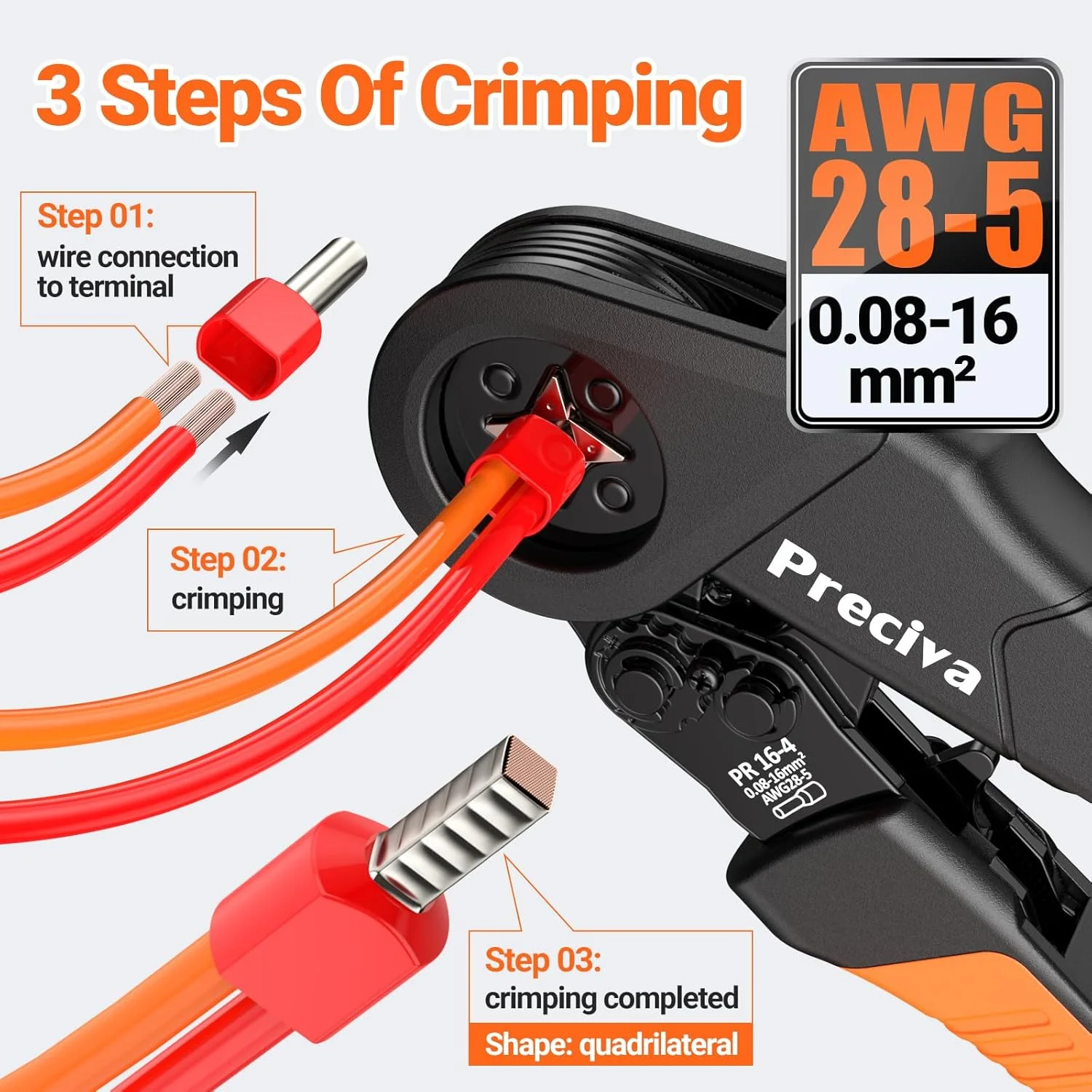 انبر پرس سرسیم Preciva با محدوده 0.25-16 میلی‌متر مربع به همراه 1300 سرسیم تکی و دوبل، قابل تنظیم برای مصارف صنعتی و DIY