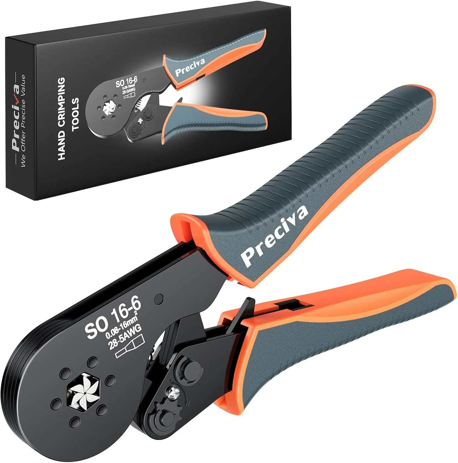 ابزار پرس سرسیم Preciva 0.08-16mm²/AWG 28-5، ابزار پرس سیم با مکانیزم خود تنظیم شونده جغجغه ای برای ترمینال ها و روکش های انتهایی کابل