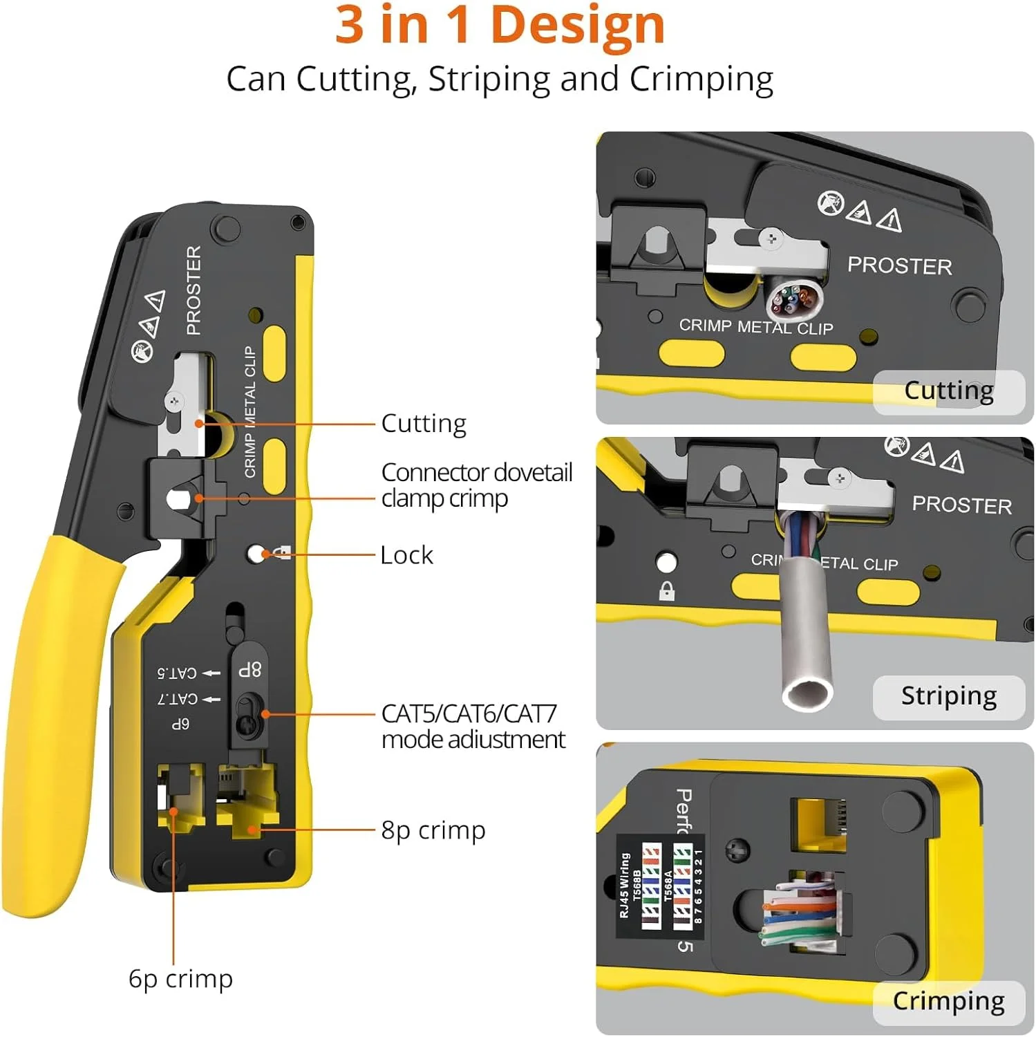 ابزار پرس RJ45 Proster - ابزار پرس کابل شبکه CAT7 برای کابل شبکه 8P RJ45 CAT5 CAT6 CAT7 و کانکتور خط تلفن 6P RJ11 RJ12 به همراه سیم لخت کن