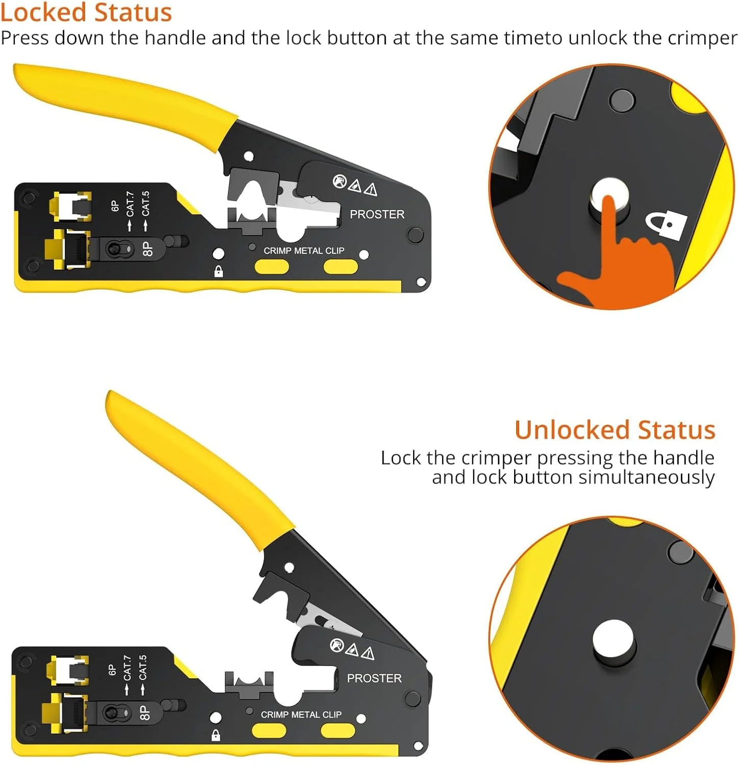 ابزار پرس RJ45 Proster - ابزار پرس کابل شبکه CAT7 برای کابل شبکه 8P RJ45 CAT5 CAT6 CAT7 و کانکتور خط تلفن 6P RJ11 RJ12 به همراه سیم لخت کن