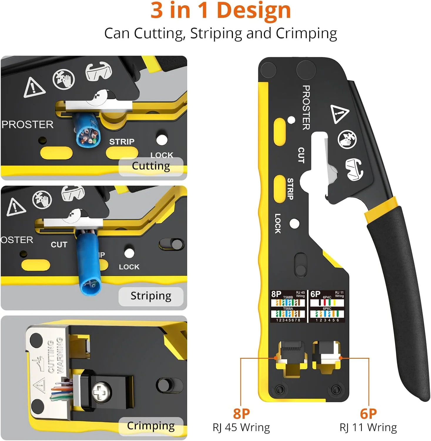 مجموعه ابزار پرس RJ45 Proster - ابزار پرس اترنت 3 در 1 برای 8P RJ45 Cat5/5e Cat6/6a و 6P RJ11 RJ12 به همراه تستر کابل، سیم لخت کن، 50 عدد کانکتور Cat6 و روکش محافظ