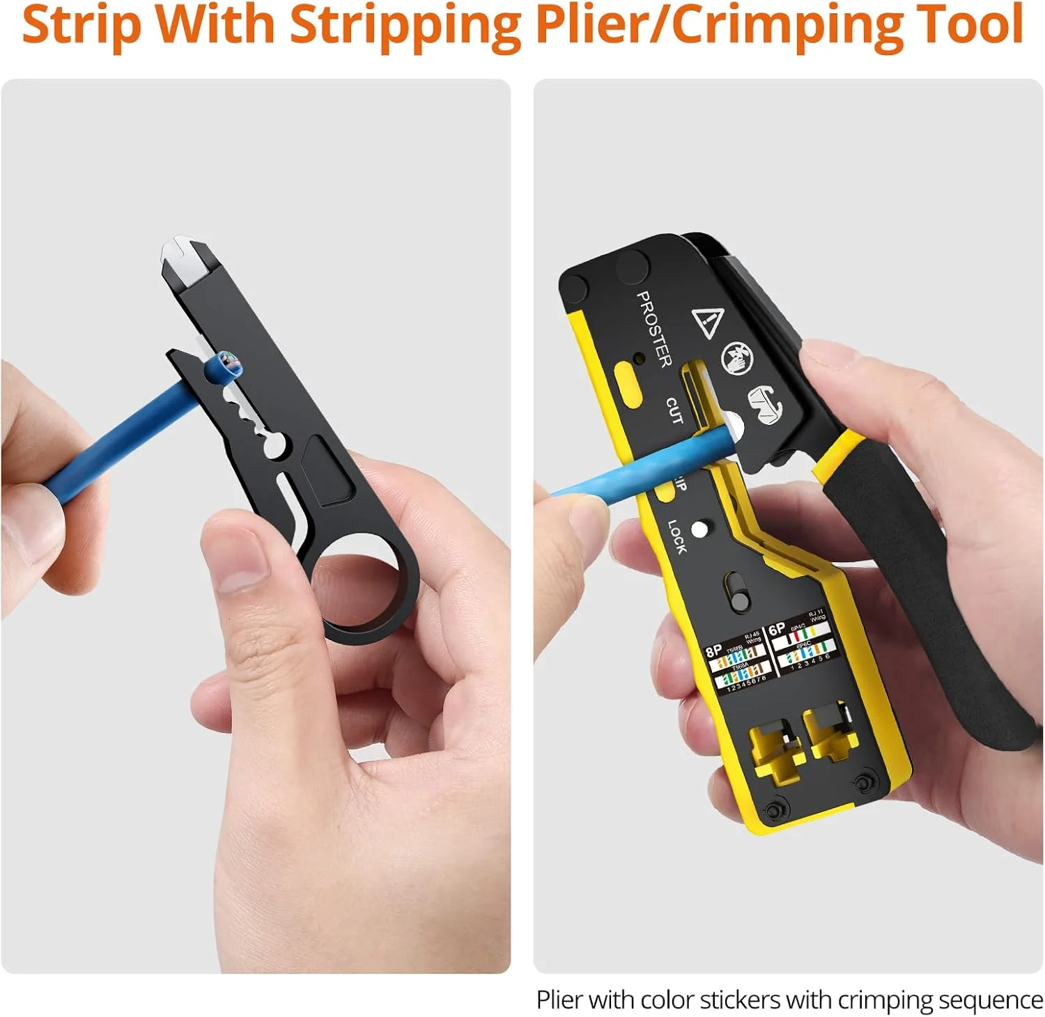 مجموعه ابزار پرس RJ45 Proster - ابزار پرس اترنت 3 در 1 برای 8P RJ45 Cat5/5e Cat6/6a و 6P RJ11 RJ12 به همراه تستر کابل، سیم لخت کن، 50 عدد کانکتور Cat6 و روکش محافظ
