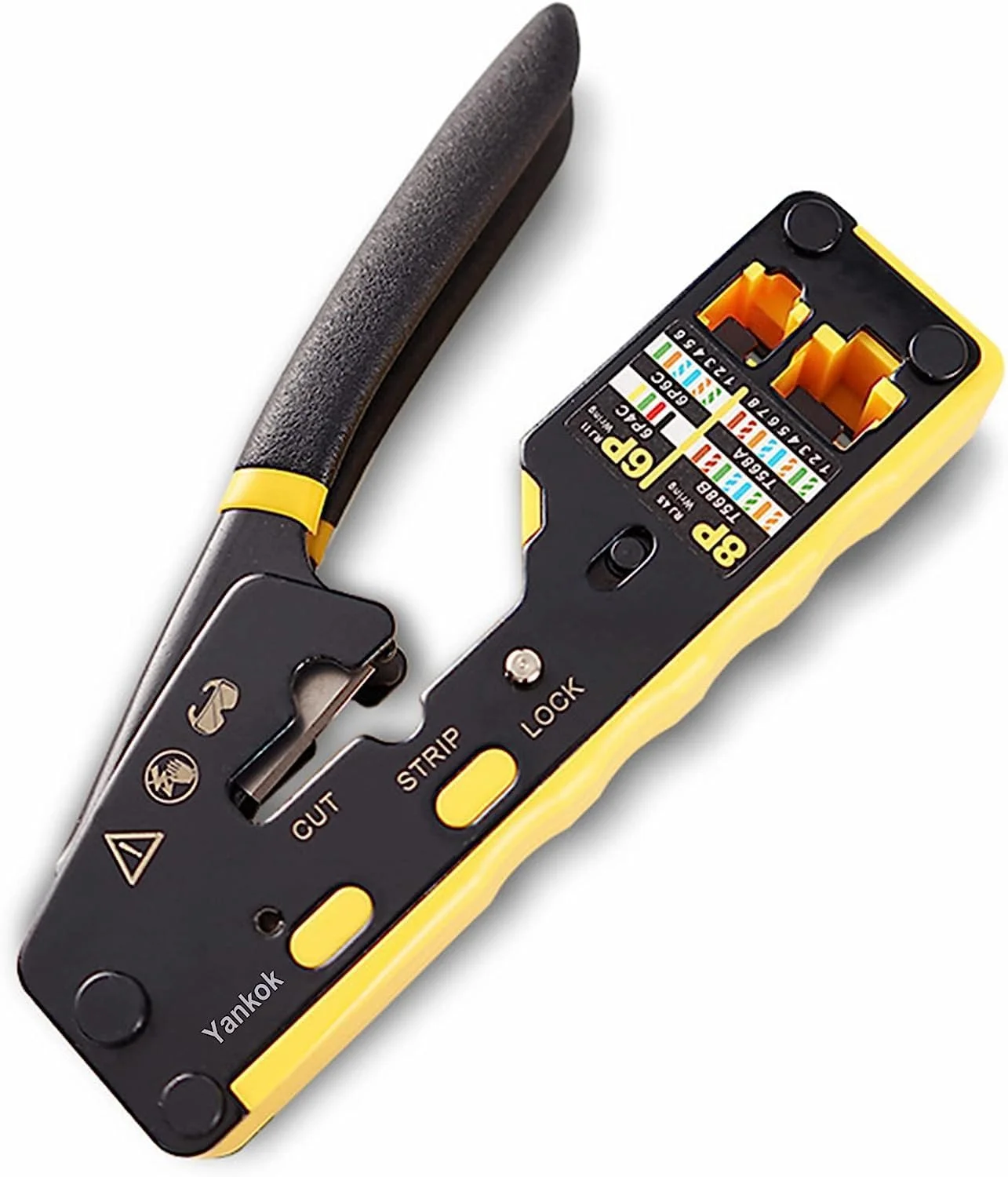 ابزار پرس، لخت کن و قطع کننده کابل شبکه ماژولار جغجغه ای برای کانکتورهای استاندارد RJ11-RJ12 و RJ45 Pass-Thru