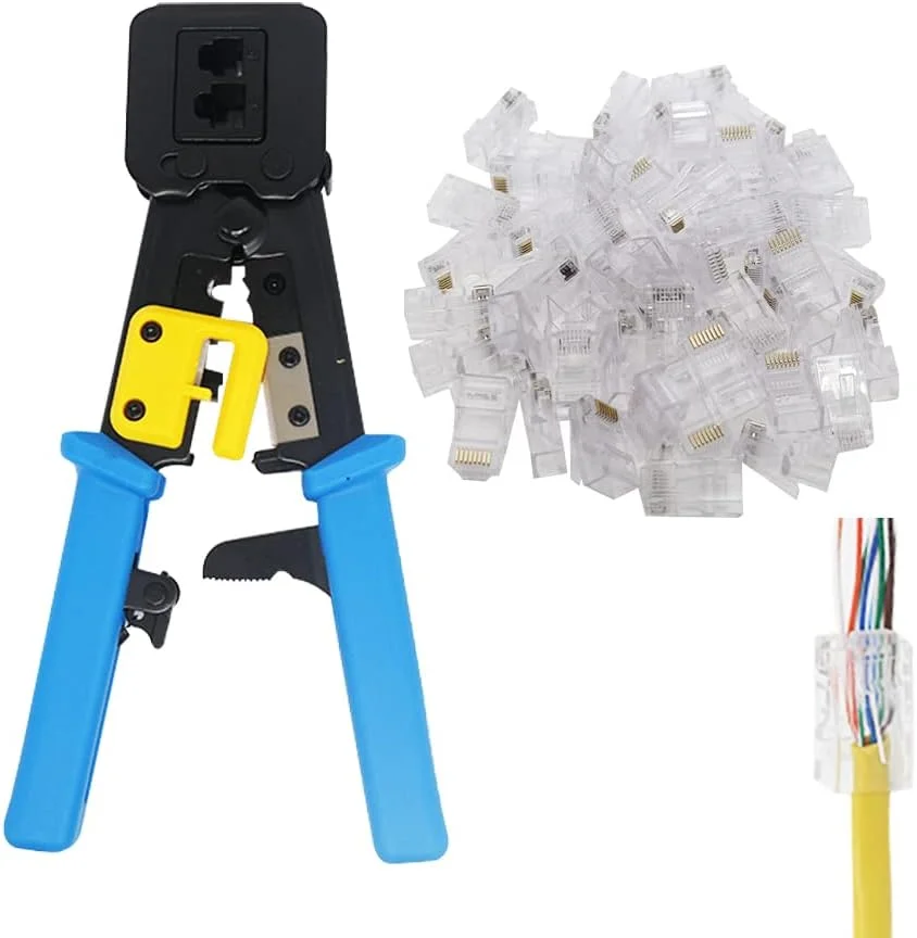 ابزار پرس RJ45 مدل RHCXCYTJ، ابزار اتصال اترنت، سیم لخت کن و برش دهنده سیم، همه کاره با 50 کانکتور مستقیم Cat6 RJ45، کانکتورهای مستقیم معمولی و انتهایی CAT6