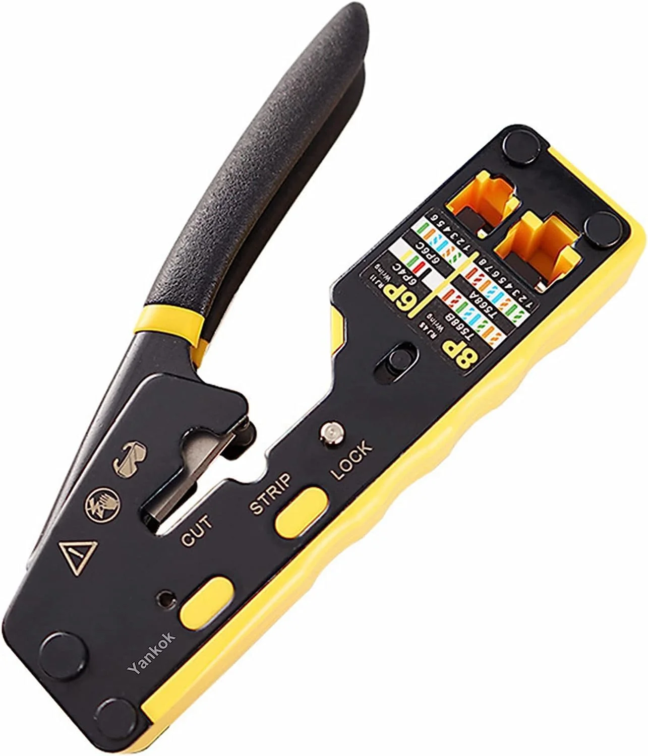 ابزار پرس، لخت کن و قطع کننده کابل شبکه ماژولار جغجغه ای برای کانکتورهای استاندارد RJ11-RJ12 و RJ45 Pass-Thru