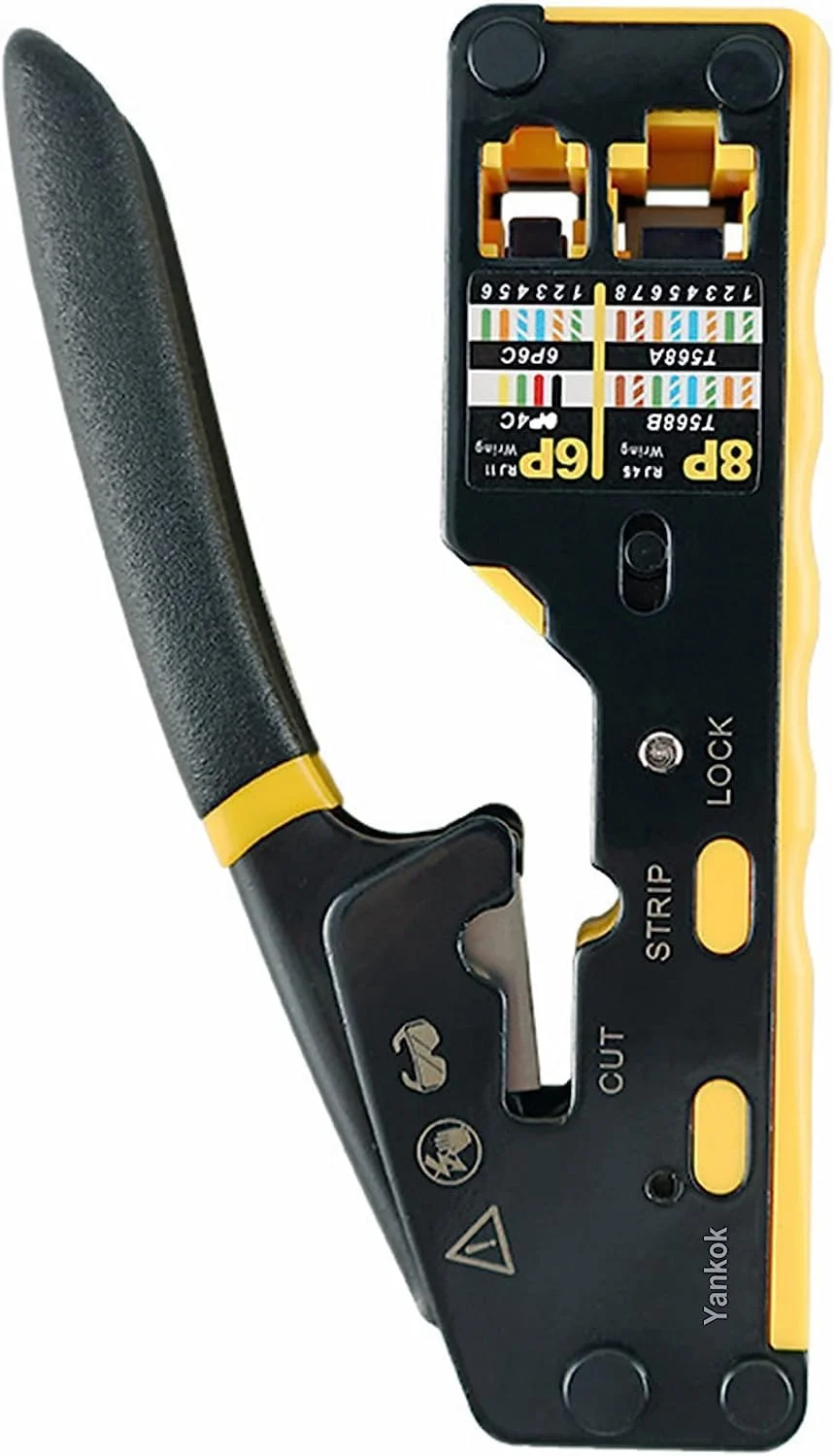 ابزار پرس، لخت کن و قطع کننده کابل شبکه ماژولار جغجغه ای برای کانکتورهای استاندارد RJ11-RJ12 و RJ45 Pass-Thru