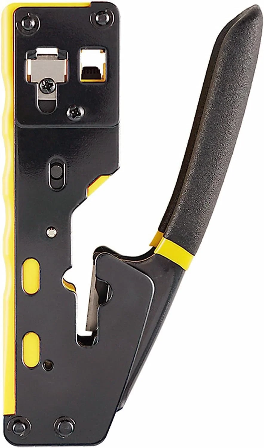 ابزار پرس، لخت کن و قطع کننده کابل شبکه ماژولار جغجغه ای برای کانکتورهای استاندارد RJ11-RJ12 و RJ45 Pass-Thru