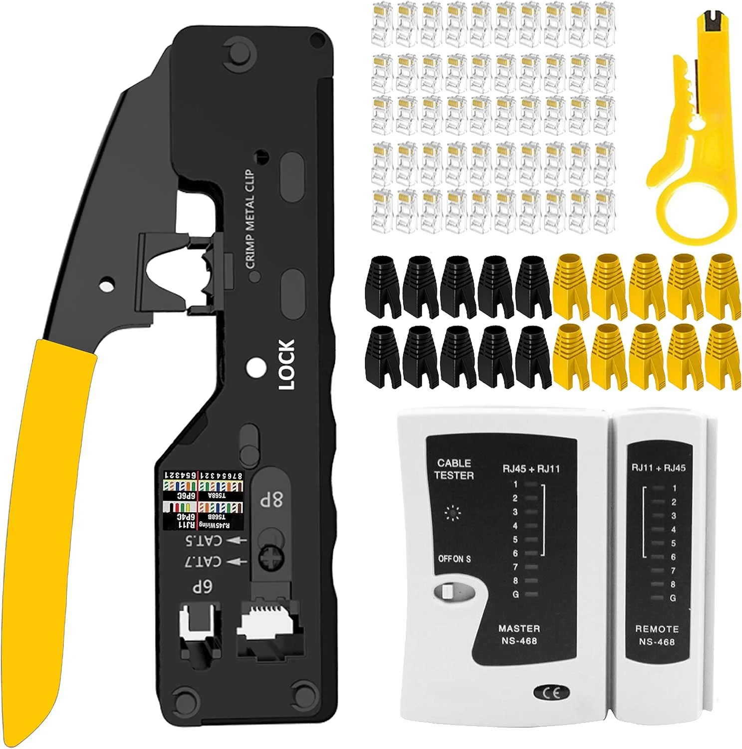 ابزار پرس RJ45 مدل RONGHUAI Cat5 Cat5e Cat6 برای کانکتورهای معمولی و End-Pass-Through RJ45/RJ12 به همراه 50 عدد کانکتور، 50 عدد روکش و سیم لخت کن شبکه (مشکی)