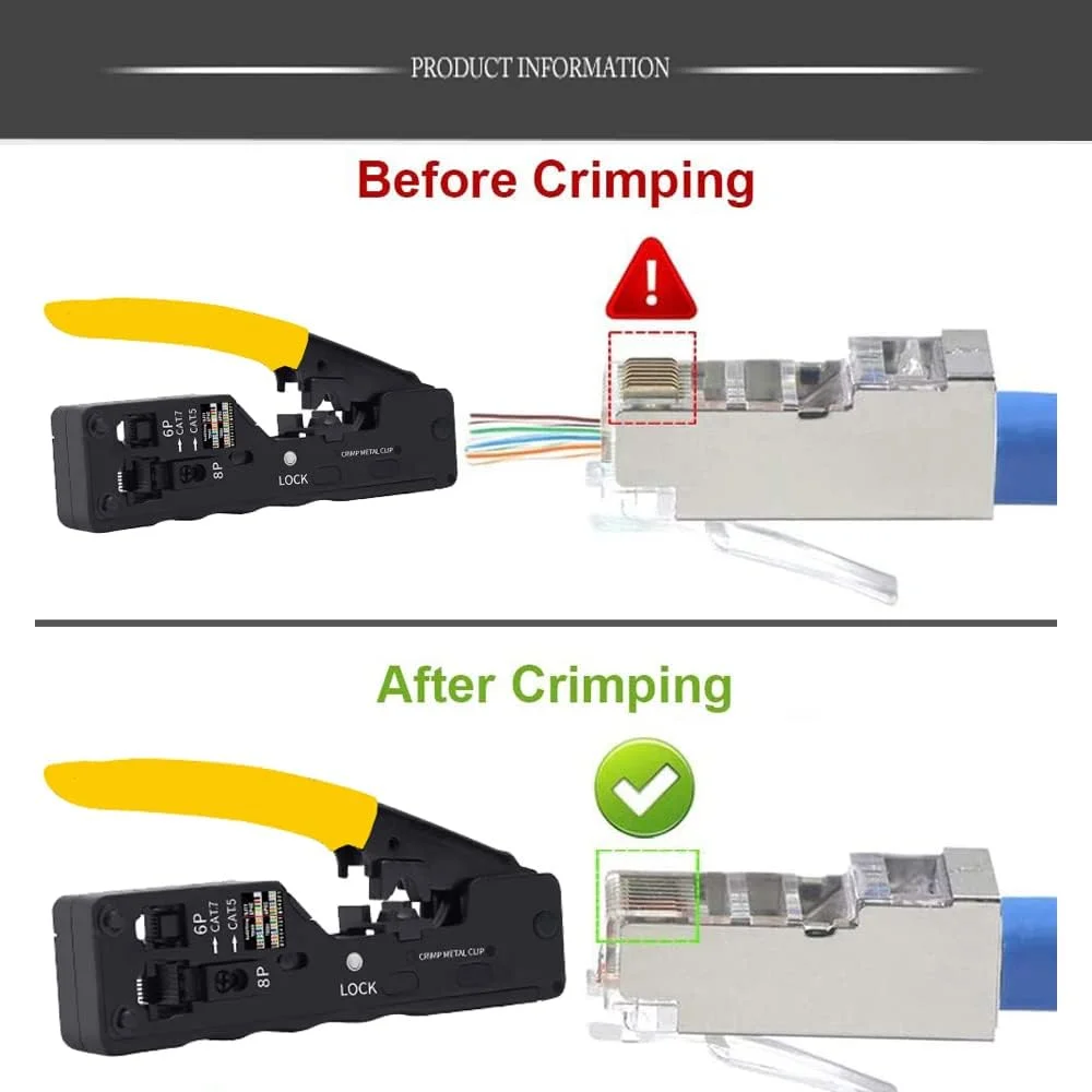 ابزار پرس RJ45 مدل RONGHUAI Cat5 Cat5e Cat6 برای کانکتورهای معمولی و End-Pass-Through RJ45/RJ12 به همراه 50 عدد کانکتور، 50 عدد روکش و سیم لخت کن شبکه (مشکی)