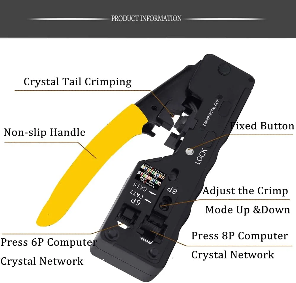 ابزار پرس RJ45 مدل RONGHUAI Cat5 Cat5e Cat6 برای کانکتورهای معمولی و End-Pass-Through RJ45/RJ12 به همراه 50 عدد کانکتور، 50 عدد روکش و سیم لخت کن شبکه (مشکی)