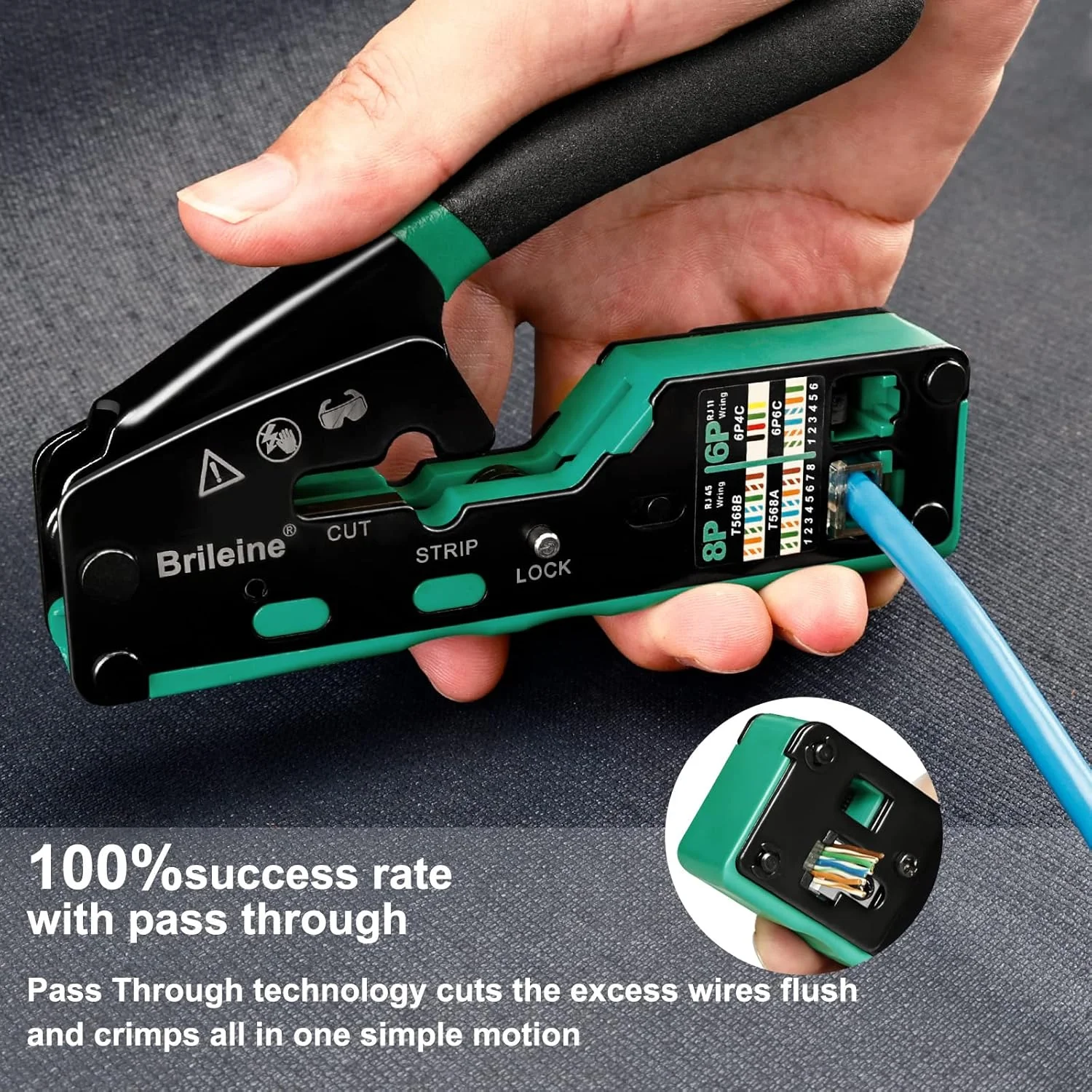 ابزار پرس RJ45 عبوری، ابزار پرس اترنت Cat5 Cat5e Cat6 برای RJ11/12 6P/8P با تستر کابل شبکه LAN، 50 عدد کانکتور CAT6، 50 عدد روکش، سیم لخت کن کوچک