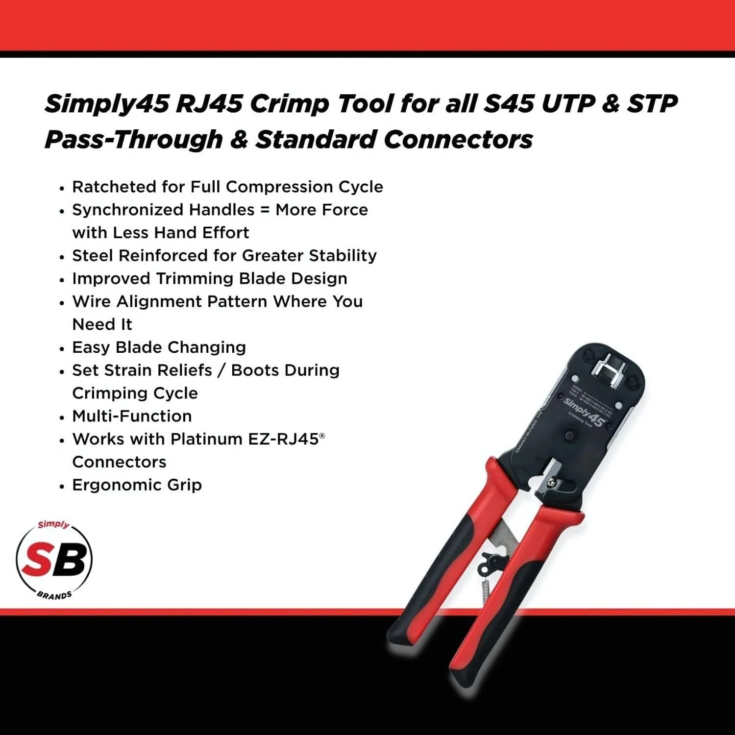 ابزار پرس RJ45 مدل Pass-Through سیمپلی 45 برای پلاگ های ماژولار RJ45 بدون شیلد و دارای شیلد داخلی - دارای سیم لخت کن/برش داخلی - S45-C100