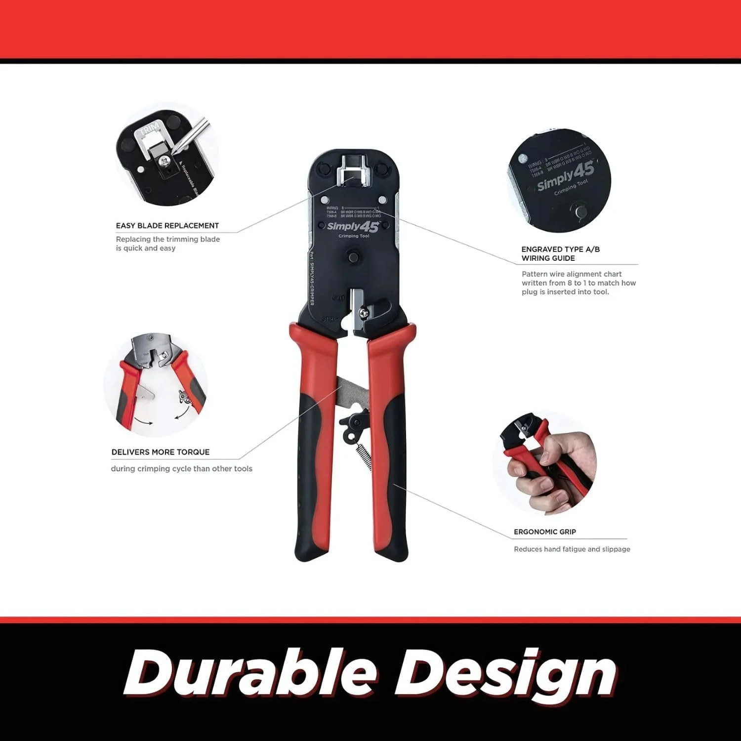 ابزار پرس RJ45 مدل Pass-Through سیمپلی 45 برای پلاگ های ماژولار RJ45 بدون شیلد و دارای شیلد داخلی - دارای سیم لخت کن/برش داخلی - S45-C100