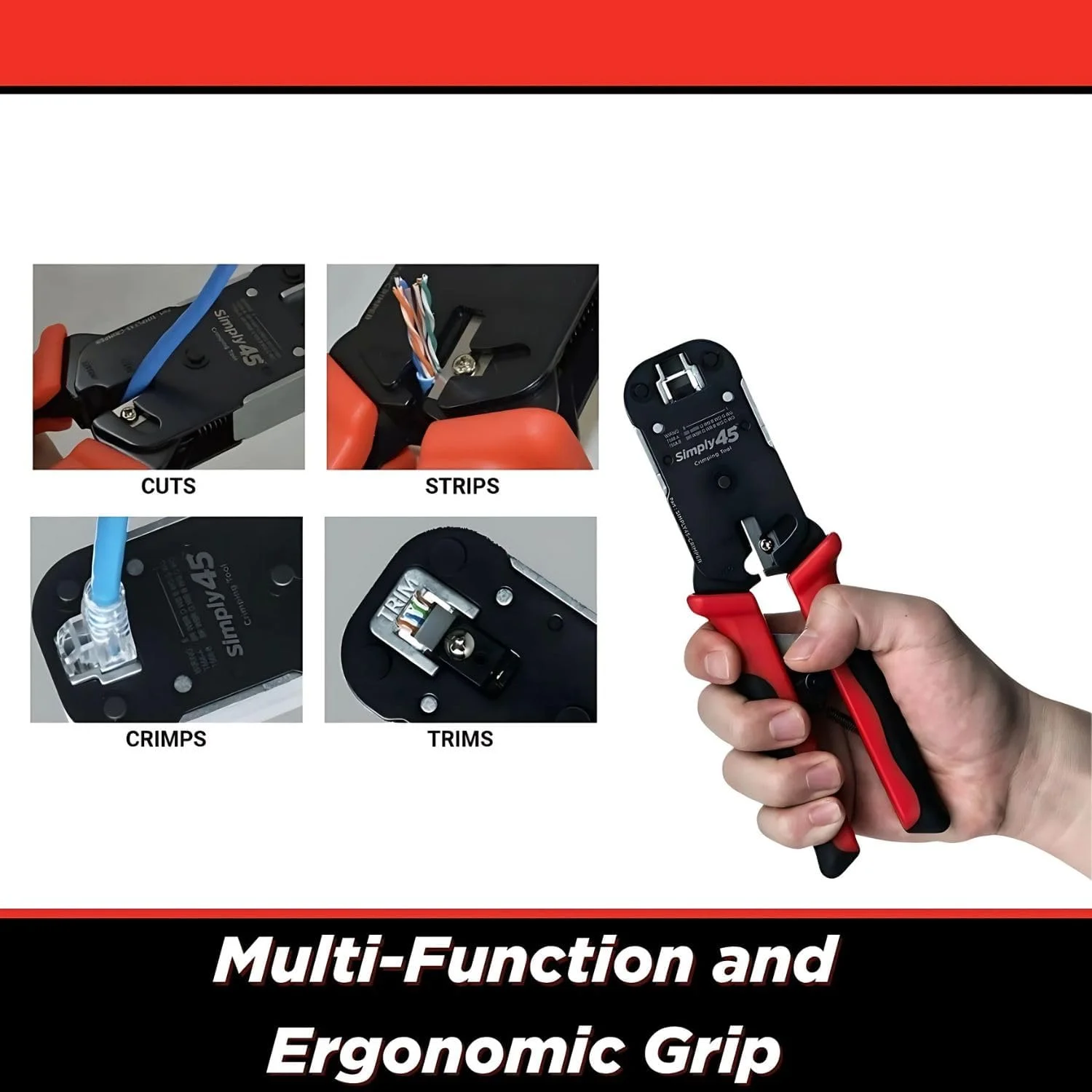 ابزار پرس RJ45 مدل Pass-Through سیمپلی 45 برای پلاگ های ماژولار RJ45 بدون شیلد و دارای شیلد داخلی - دارای سیم لخت کن/برش داخلی - S45-C100