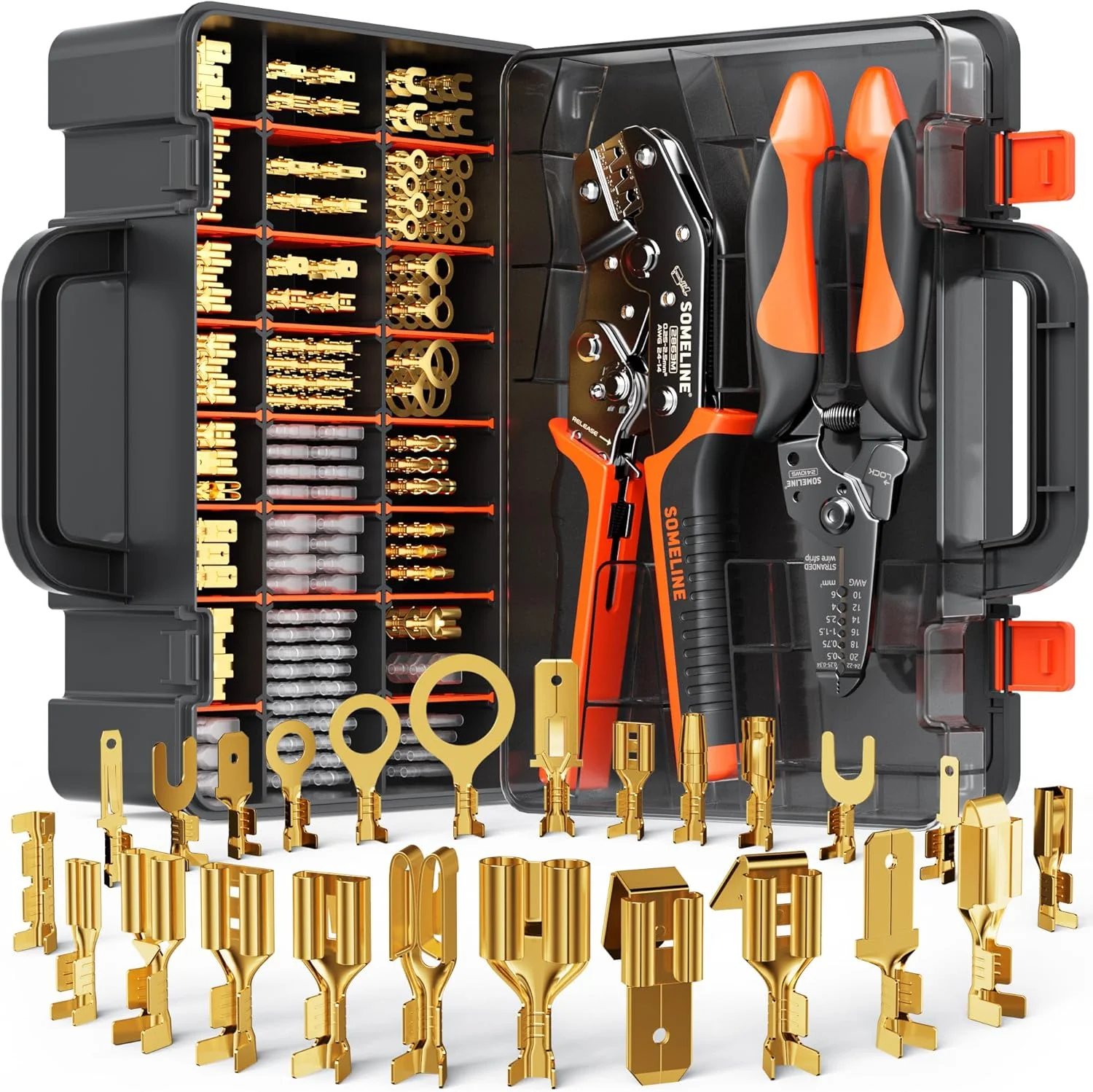 مجموعه ابزار پرس سرسیم چنگالی SOMELINE، به همراه 24 نوع کانکتور پرس و انبر پرس 0.25–2.5 میلی‌متر مربع (AWG 24–14) - کیت کانکتورهای الکتریکی سرسیم چنگالی غیر عایق