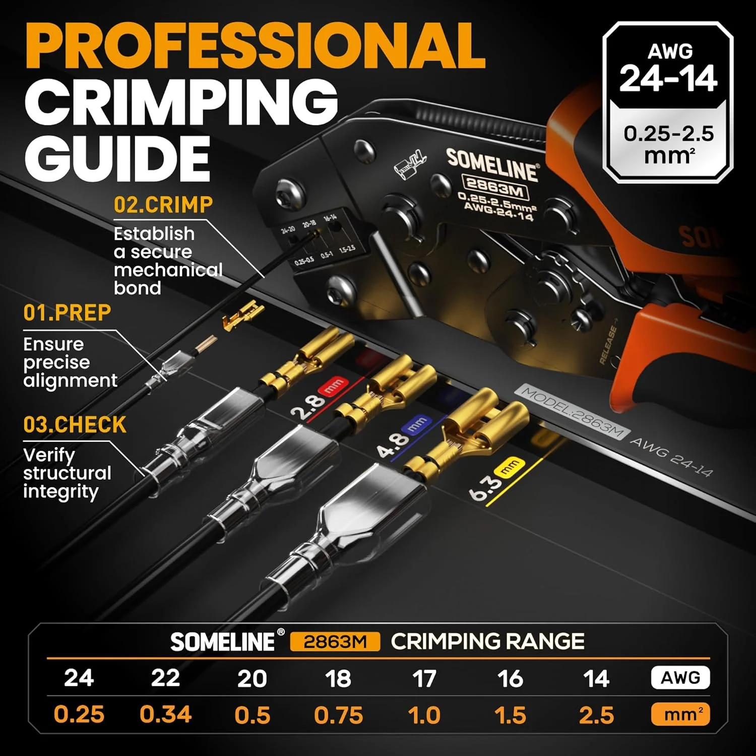 ست ابزار پرس سرسیم کانکتور ترمینال باز SOMELINE، پرس سیم 24-14 AWG برای استفاده روی کانکتورهای Molex 2.13mm 2.36mm، AMP - TE CONNECTIVITY، ترمینال های نر و ماده، چنگالی و حلقوی 2.8mm 3.5mm 3.9mm 4.8mm 6.3mm