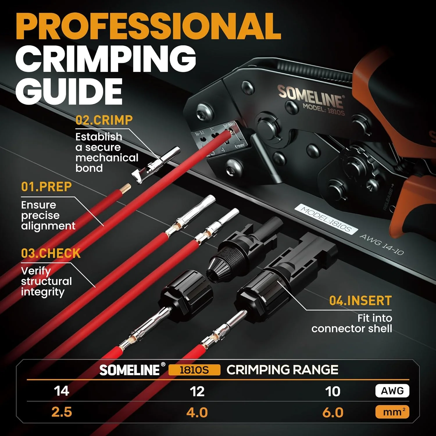 مجموعه انبر پرس کانکتور خورشیدی SOMELINE، تا 2.5/4/6 میلی‌متر مربع، نارنجی، شامل 6 جفت کانکتور و 1 جفت آچار