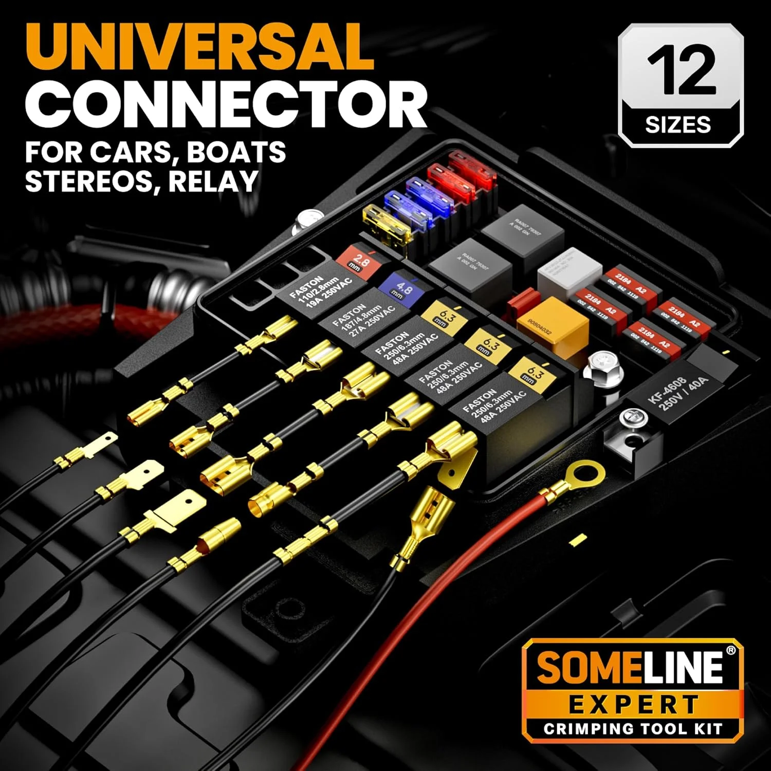 ست ابزار پرس سرسیم کانکتور ترمینال باز SOMELINE، پرس سیم 24-14 AWG برای استفاده روی کانکتورهای Molex 2.13mm 2.36mm، AMP - TE CONNECTIVITY، ترمینال های نر و ماده، چنگالی و حلقوی 2.8mm 3.5mm 3.9mm 4.8mm 6.3mm