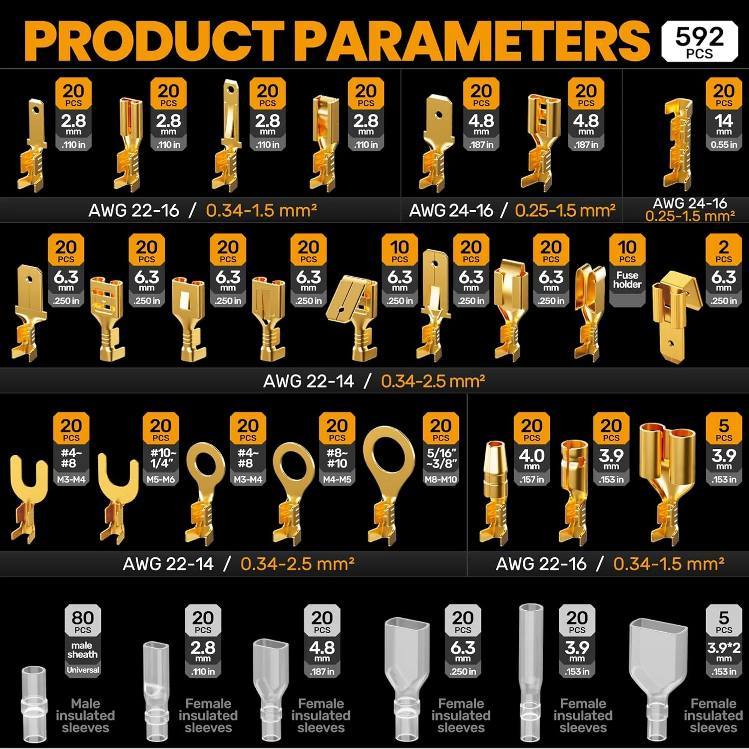 مجموعه ابزار پرس سرسیم چنگالی SOMELINE، به همراه 24 نوع کانکتور پرس و انبر پرس 0.25–2.5 میلیمتر مربع (AWG 24–14) - کیت کانکتورهای الکتریکی سرسیم چنگالی غیر عایق مجموعه ابزار پرس سرسیم چنگالی SOMELINE، به همراه 24 نوع کانکتور پرس و انبر پرس 0.25–2.5 میلیمتر مربع (AWG 24–14) - کیت کانکتورهای الکتریکی سرسیم چنگالی غیر عایق