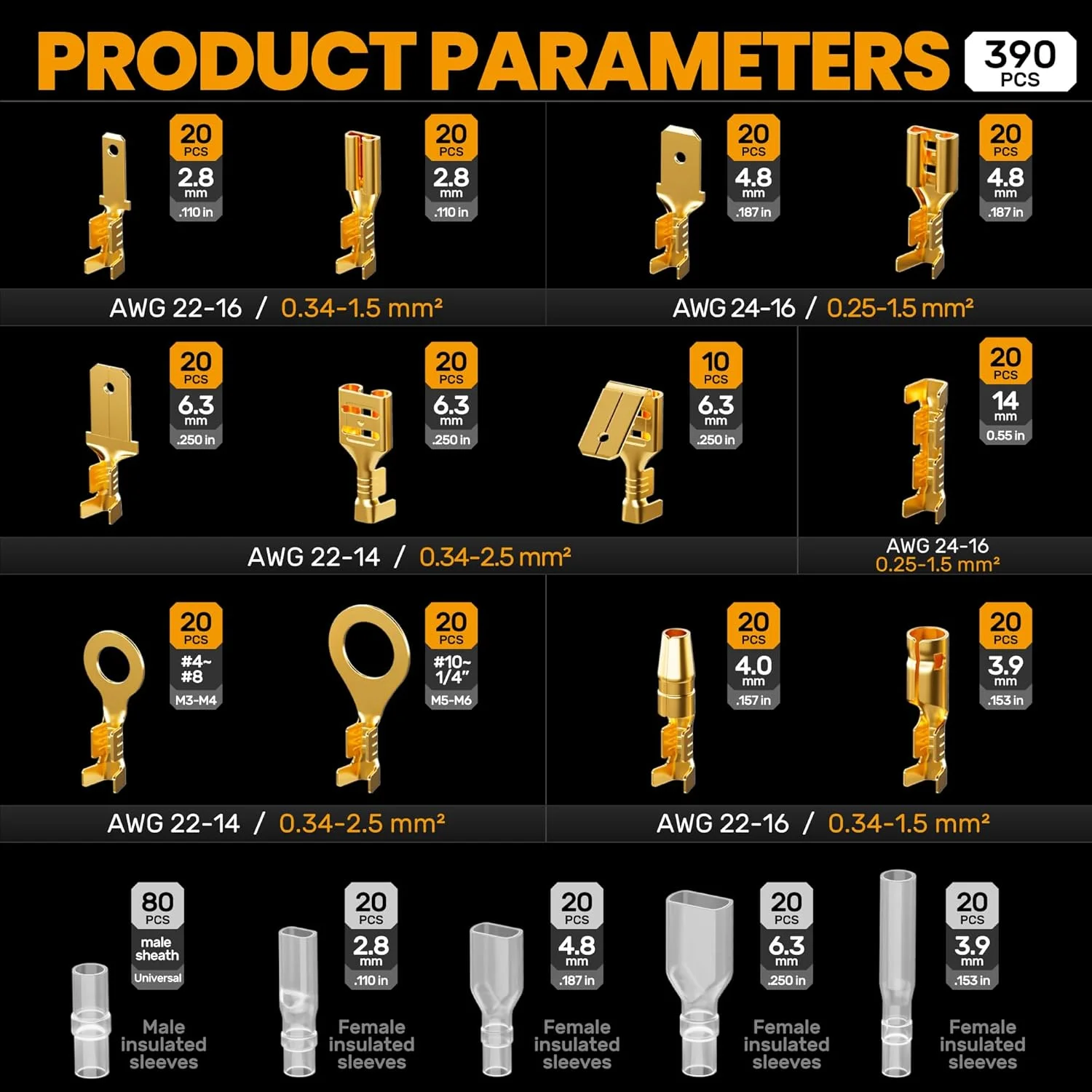 ست ابزار پرس سرسیم کانکتور ترمینال باز SOMELINE، پرس سیم 24-14 AWG برای استفاده روی کانکتورهای Molex 2.13mm 2.36mm، AMP - TE CONNECTIVITY، ترمینال های نر و ماده، چنگالی و حلقوی 2.8mm 3.5mm 3.9mm 4.8mm 6.3mm