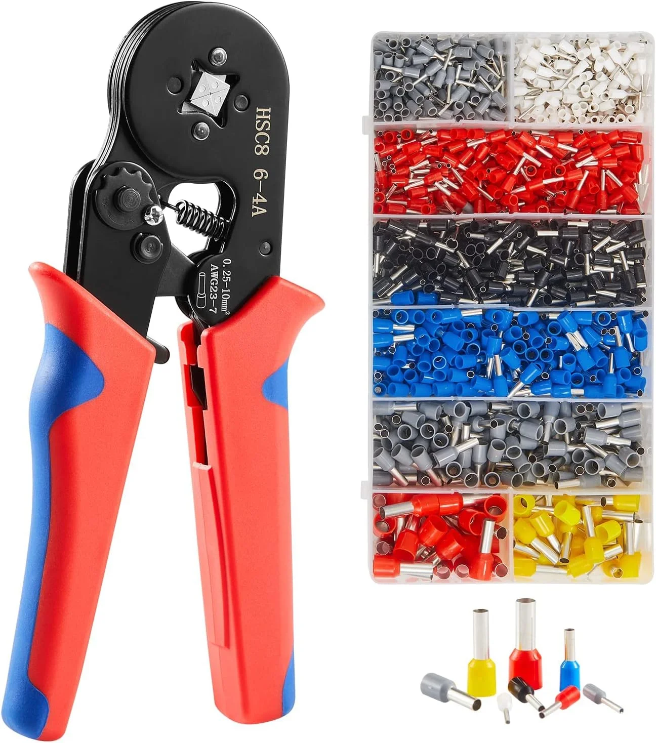 انبر پرس سرسیم سایوسی به همراه 1250 عدد سرسیم، مناسب برای برقکاران، ابزار جغجغه ای قابل تنظیم با کانکتورهای ترمینال 0.25-10 میلی متر مربع (AWG 23-7)