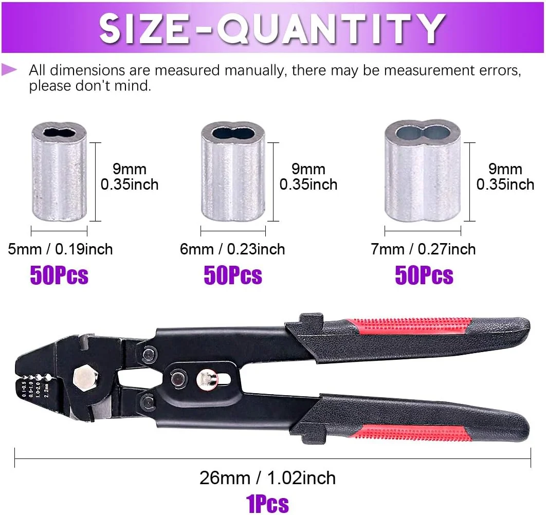 ابزار پرس سیم بکسل حرفه ای Swpeet تا 2.2 میلی متر به همراه 150 عدد حلقه آلومینیومی دو لول در 3 سایز