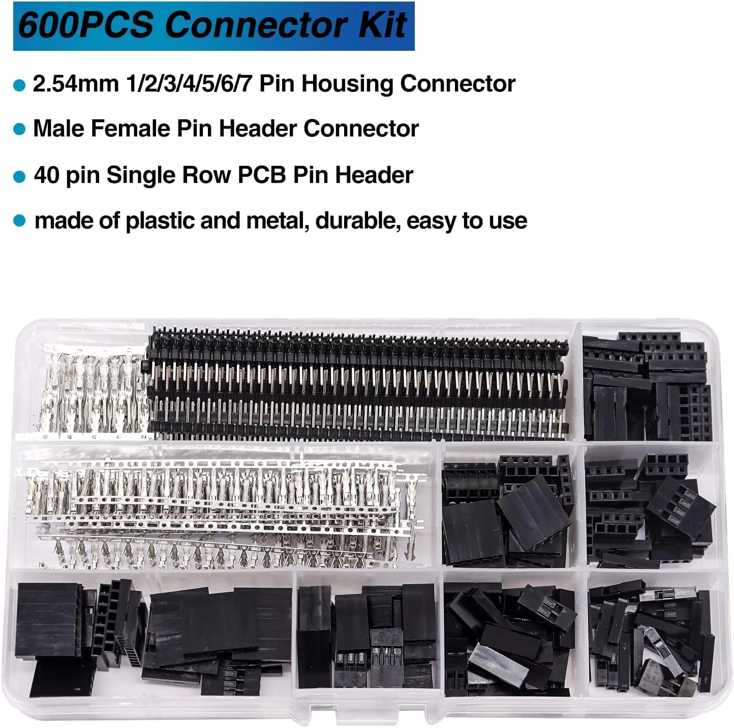 مجموعه ابزار پرس سرسیم Taiss Dupont به همراه 600 عدد کانکتور 2.54 میلی‌متری Dupont مدل SN-28B، انبر پرس سیم جغجغه‌ای، کانکتورهای مادگی و نری 1/2/3/4/5/6/7 پین و ترمینال‌های پرس AWG28-18