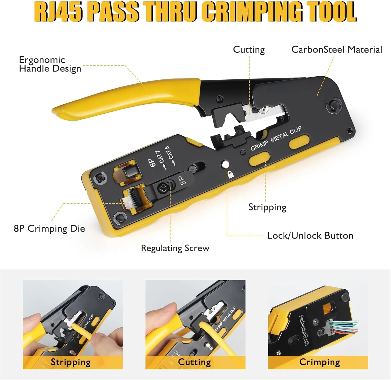 مجموعه ابزار پرس RJ45 Tazweeq، ابزار پرس عبوری اترنت، مجموعه ابزار تعمیر پرس شبکه Cat5 Cat6 Cat7، شامل تستر کابل، مینی استریپر، تیغه ها، 50 عدد کانکتور و روکش محافظ کابل
