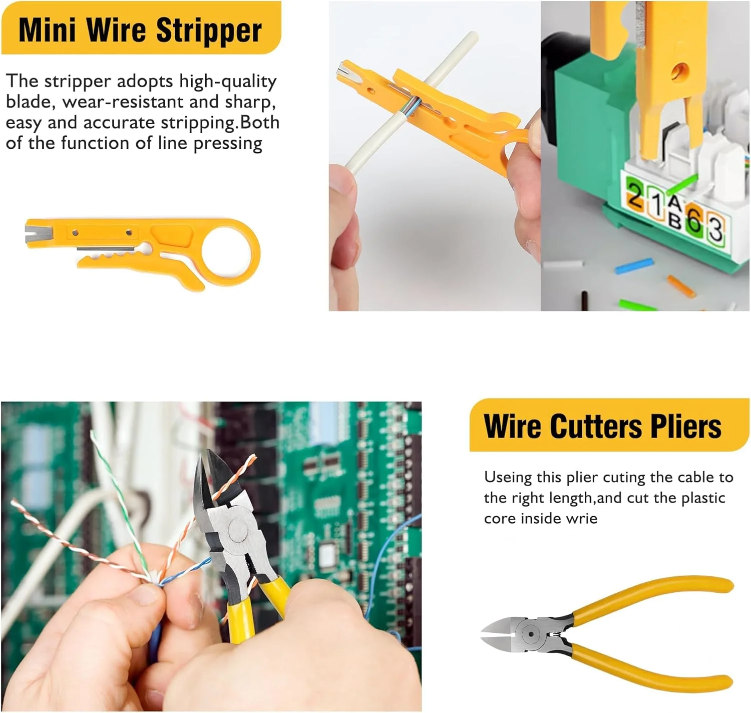مجموعه ابزار پرس RJ45 Tazweeq، ابزار پرس عبوری اترنت، مجموعه ابزار تعمیر پرس شبکه Cat5 Cat6 Cat7، شامل تستر کابل، مینی استریپر، تیغه ها، 50 عدد کانکتور و روکش محافظ کابل