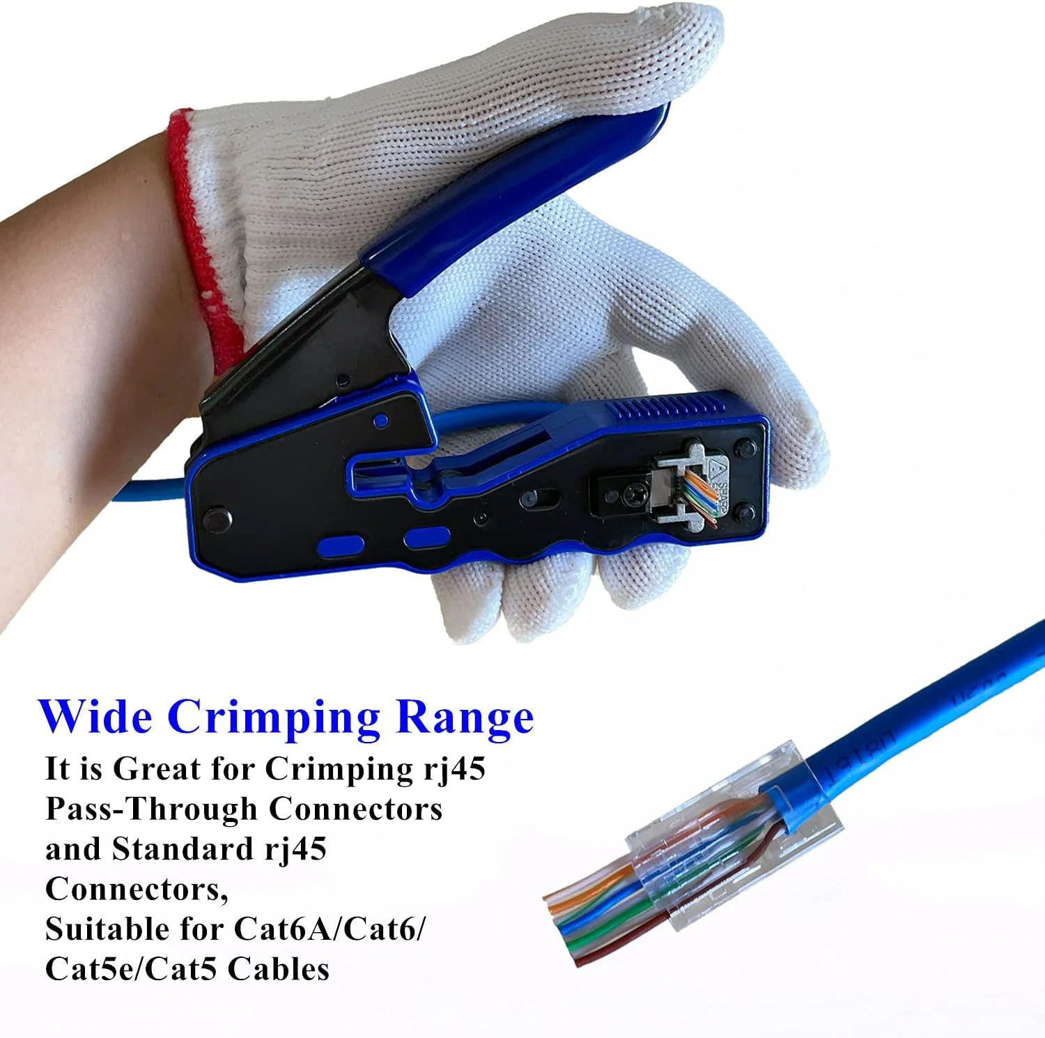 ست ابزار پرس RJ45 عبوری و استاندارد Cat6 Cat6A Cat5 Cat5e شامل ابزار پرس RJ45 به همراه 50 عدد کانکتور عبوری Cat6 RJ45، 20 عدد روکش، 1 عدد تستر کابل شبکه، 2 عدد سیم لخت کن، 1 عدد سیم چین