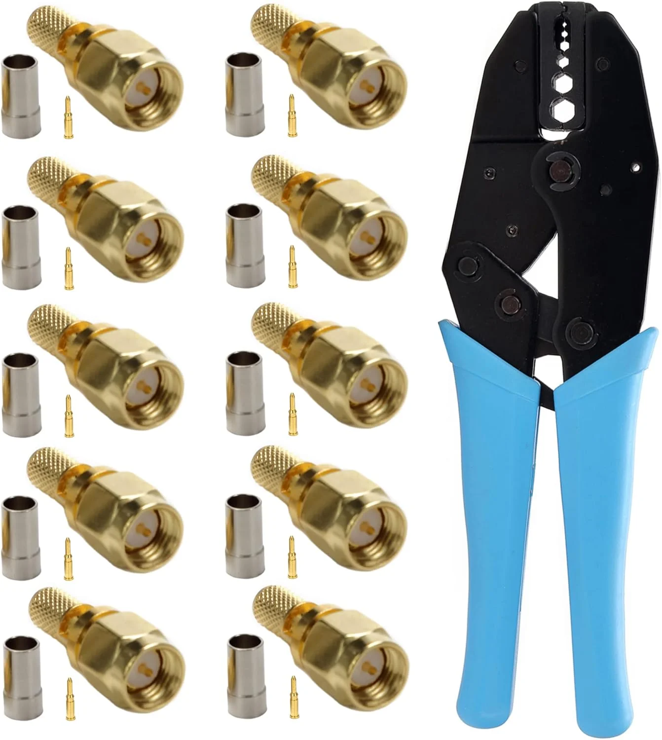 ۱۰ عدد کانکتور SMA نری پرسی و ابزار پرس لخت کن برای کابل RG58/RG59/RG6