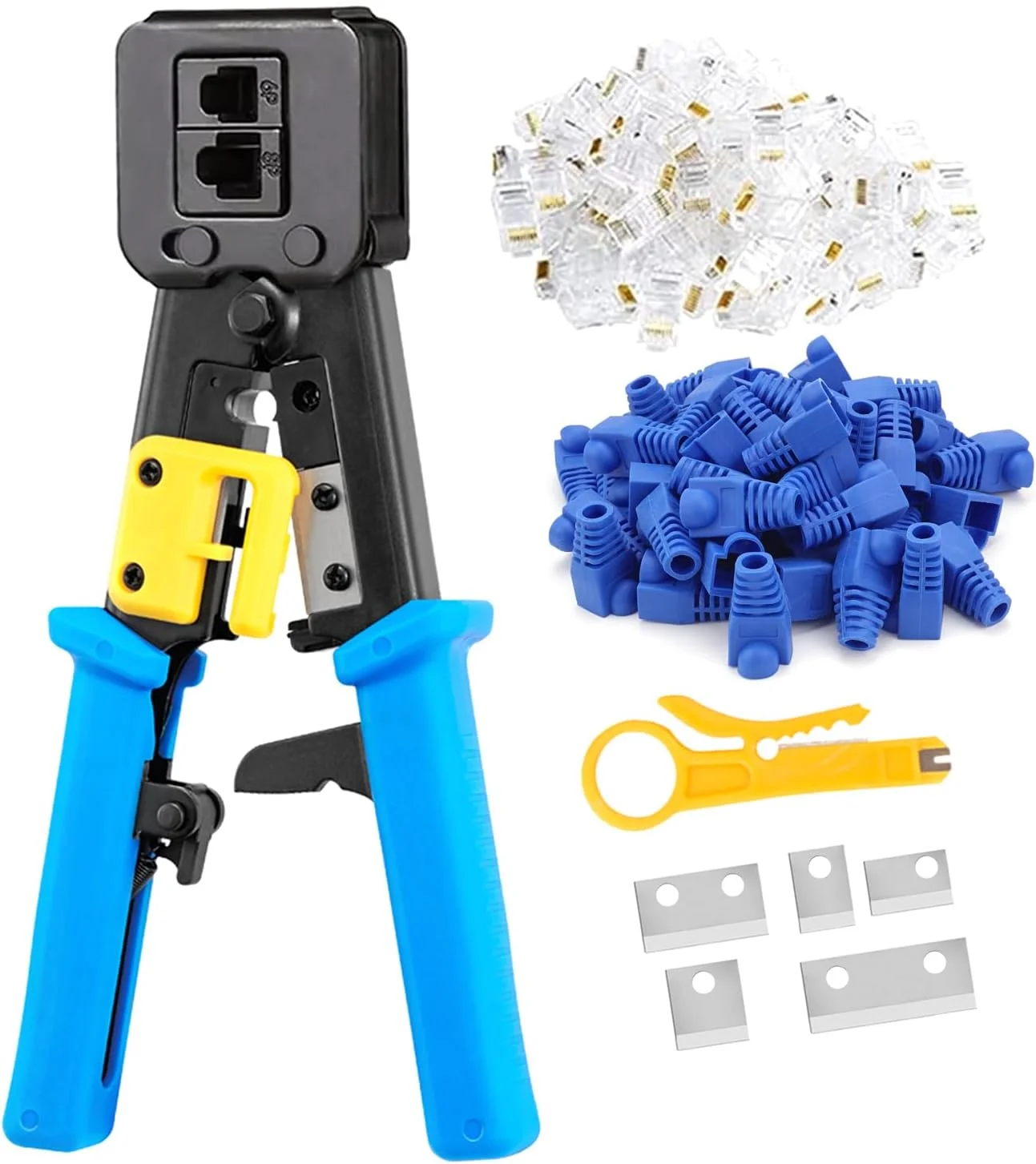 ابزار پرس RJ45 VINET، کیت ابزار پرس عبوری برای اتصالات اترنت Cat5 Cat5e Cat6 به همراه تستر کابل، 50 عدد کانکتور Cat6 و روکش محافظ و سیم لخت کن