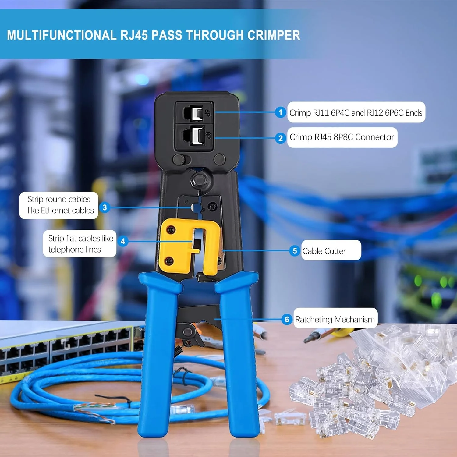 ابزار پرس RJ45 VINET، کیت ابزار پرس عبوری برای اتصالات اترنت Cat5 Cat5e Cat6 به همراه تستر کابل، 50 عدد کانکتور Cat6 و روکش محافظ و سیم لخت کن ابزار پرس RJ45 VINET، کیت ابزار پرس عبوری برای اتصالات اترنت Cat5 Cat5e Cat6 به همراه تستر کابل، 50 عدد کانکتور Cat6 و روکش محافظ و سیم لخت کن